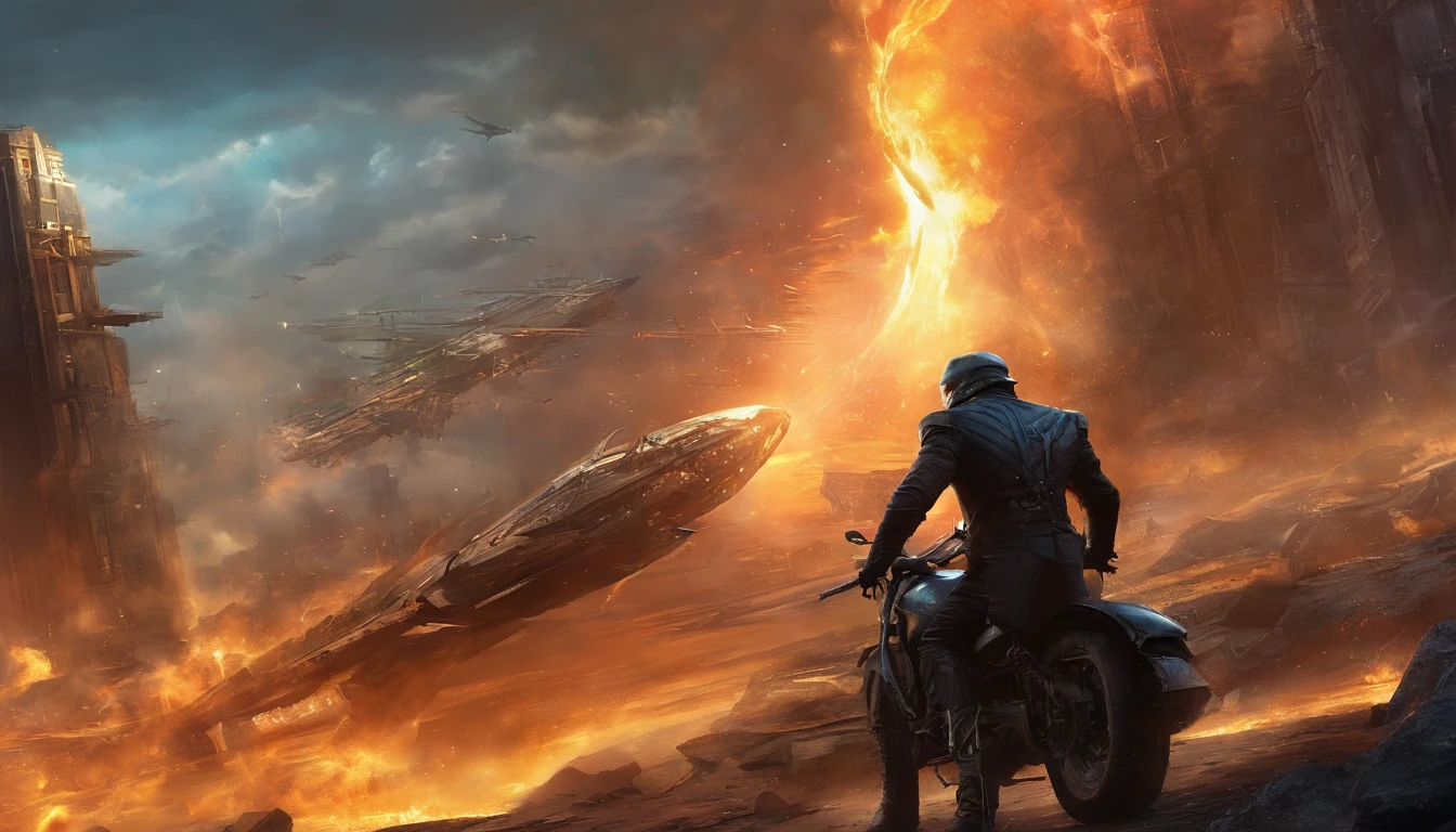 "Filme do Exterminador do Futuro, Futuristic, dystopian cityscape, atmosfera escura e arenosa, intense action scene, Arnold Schwarzenegger como o personagem principal, Iconic black leather jacket, sun glasses, Epic Battle, Explosions, armamento de alta tecnologia, cybernetic enhancements, Post Apocalyptic Scenario, Relentless pursuit, suspense chase sequence, dramatic lighting, dramatic camera angles, momentos cheios de adrenalina."