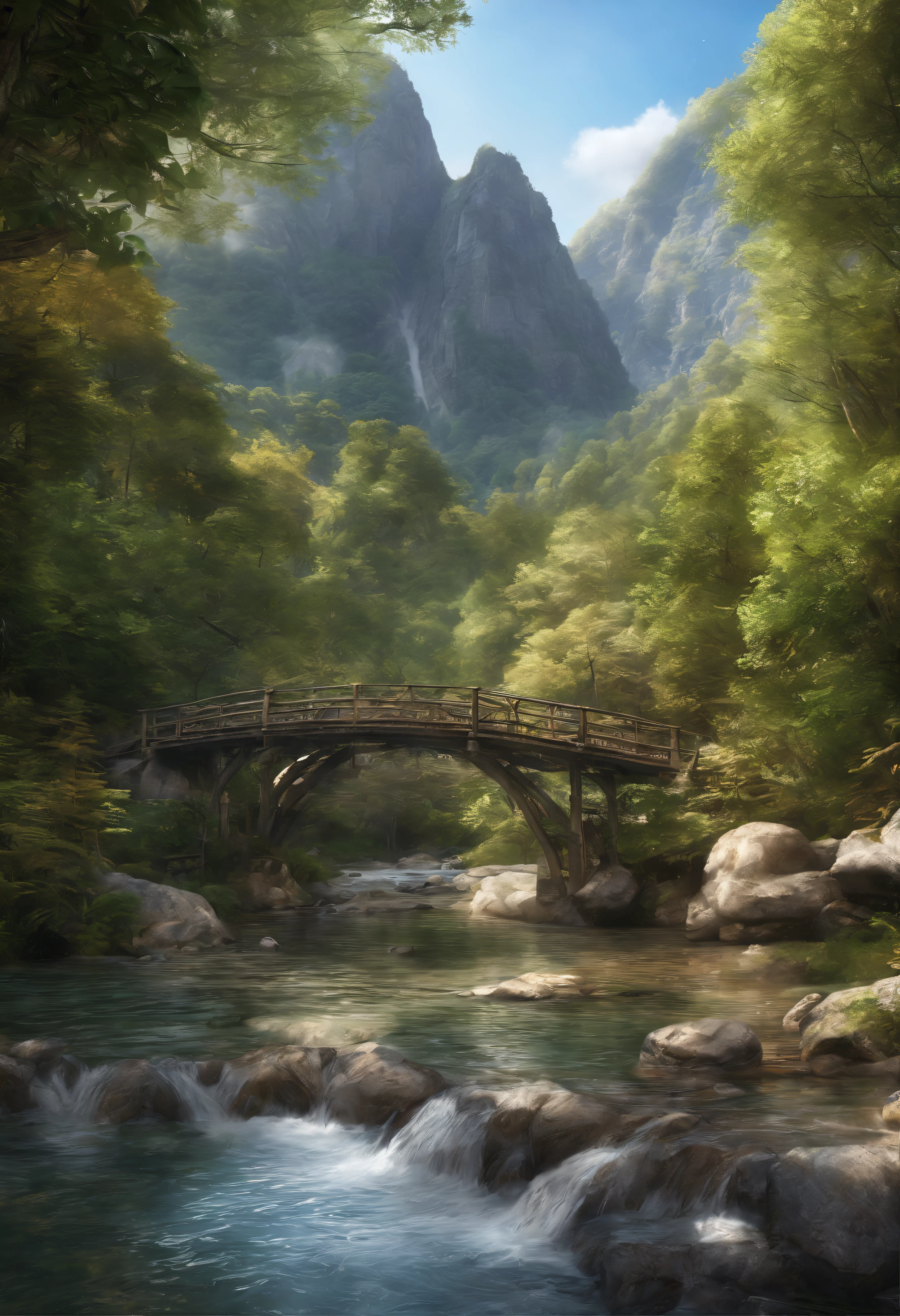 (best quality,4k,highres,masterpiece:1.2),ultra-detailed,realistic,river,mountains,small bridge,Beautiful landscape,running water,serene atmosphere,greenery,natural beauty,reflection,peaceful surroundings,captivating view,sunlight filtering through trees,vivid colors,photorealistic,highly detailed mountains,crystal-clear river,serene ambiance,harmonious composition,lush vegetation,scenic beauty,tranquil atmosphere,picturesque scenery,calm and peaceful setting,majestic mountains,clear blue sky,gentle breeze,rustic charm,inviting pathway,serenity of nature,awe-inspiring view,quietude,picturesque bridge across the river,harmony of elements,tranquility in every aspect,natural serenity,endless beauty of nature.