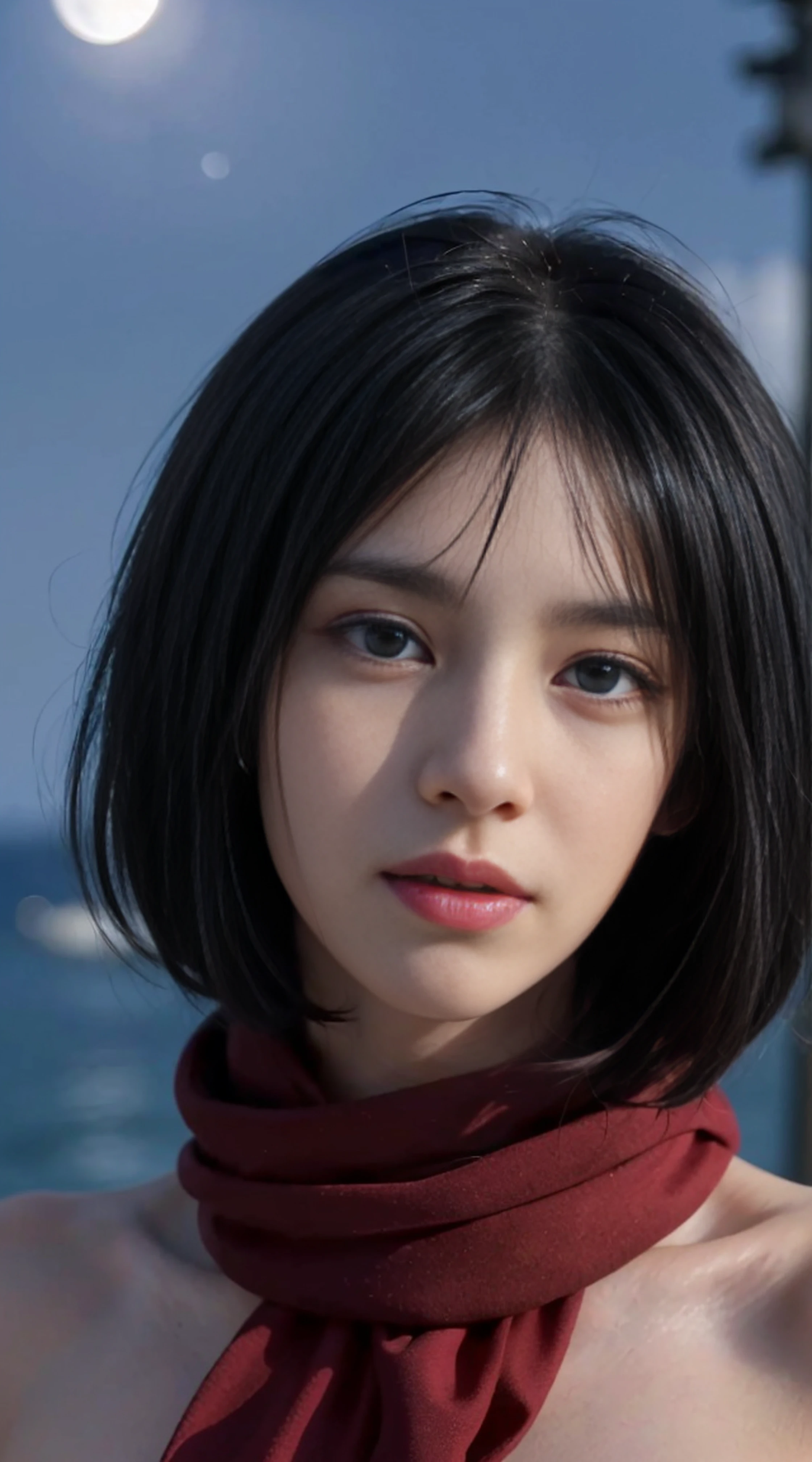 8K, Top Quality, Intricate Details, Ultra Detail, Ultra High Resolution, Masterpiece, random angle, mikasa ackerman, Slender, Smile, (Makeup: 0.4), (Fluffy Blue Eyes: 1.21), blue Eyes,, ((full body)), 1girl, solo, 1 girl, (( full body)), close-up shot, , , ((tall)), (((fit body))), (((slim face))), sharp face, sharp eyes, (((black hair, short hair, bangs )) ,(detailed face), sharp face, small lips, thin lips,
((red scarf, naked)), detailed face, detailed breast, , large breast, detail, , Beautiful girl with accentuated slender abs: 1.4, Six Pack Abs: 1.4, Bust Botox, Big, Perfect Body, detail leg, (( moonlight)), ocean