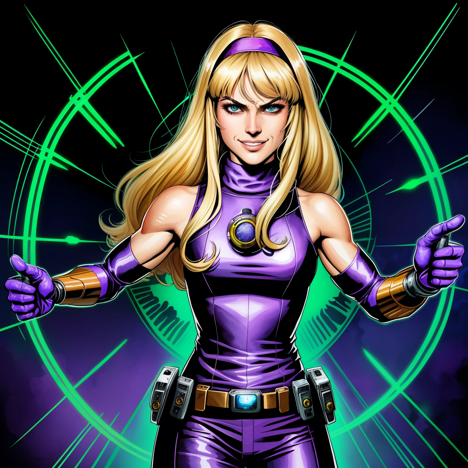 (comic style:1.3), (line art:1.5), (cowboy shot), Masterpiece, best quality, a 35 year old evil female scientist from the 1970s, long blonde hair (fringe bangs), small breasts, grinning insanely, welding goggles, wearing a purple lab coat with a turtleneck, purple headband, metallic cybernetic forearms, purple cybernetic hands, watercolor painting, by Jim lee, cinematic, masterpiece, evil laboratory, detailed background, detailed material textures, serious, realistic 1.35, muscular 1.2