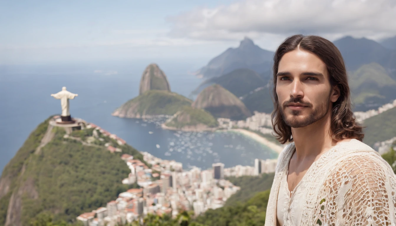 Jesus Christ, handsome man, wearing crochet clothes, clear day, in Rio de Janeiro, with Sugarloaf Mountain in the background of the photo and statue of Christ the Redeemer, professional photo, 4k, ultra-realistic, cinematic