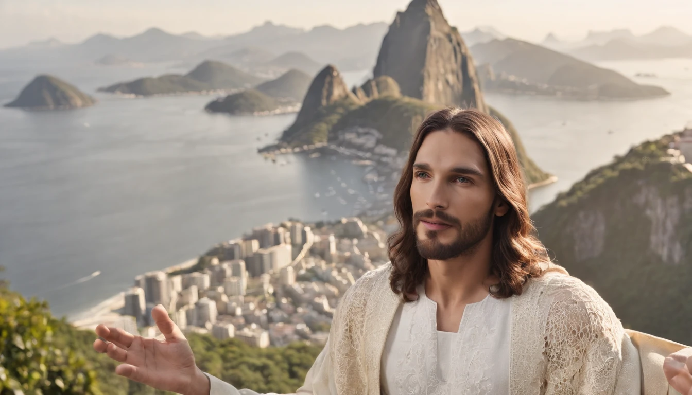 Jesus Christ, handsome man, wearing crochet clothes, clear day, in Rio de Janeiro, with Sugarloaf Mountain in the background of the photo and statue of Christ the Redeemer, professional photo, 4k, ultra-realistic, cinematic