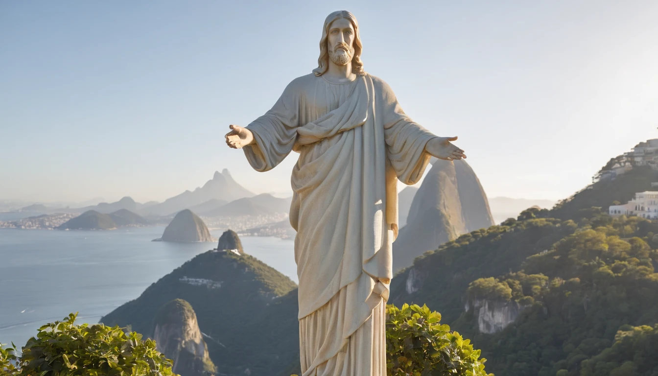 Jesus Christ, handsome man, wearing crochet clothes, clear day, in Rio de Janeiro, with Sugarloaf Mountain in the background of the photo and statue of Christ the Redeemer, professional photo, 4k, ultra-realistic, cinematic