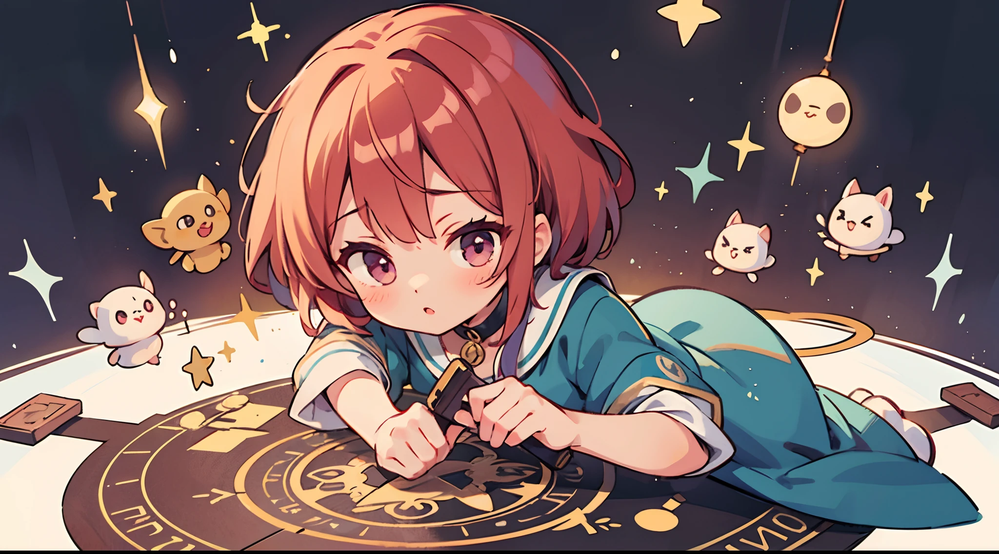 Woman with weapon coming out of body、kawaii、A magic circle appeared above my head and at my feet.、