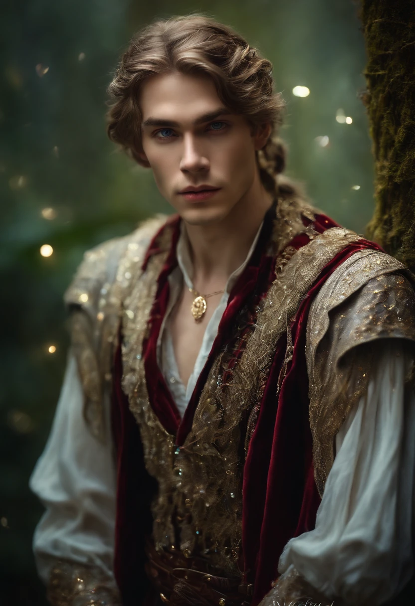 ((One Man)), (((Fantasy portrait of a young man in a mithorogic costume))), ((Long sleaves)), With mystical colored eyes, pale skin, Loose braided hair, Magical, Beautiful, Enchanting, Photorealism, mid-shot, ((Deep forest)), Fantasy Art, (((Many sparkling particles in the air))), ((Ethereal fantasy art)),