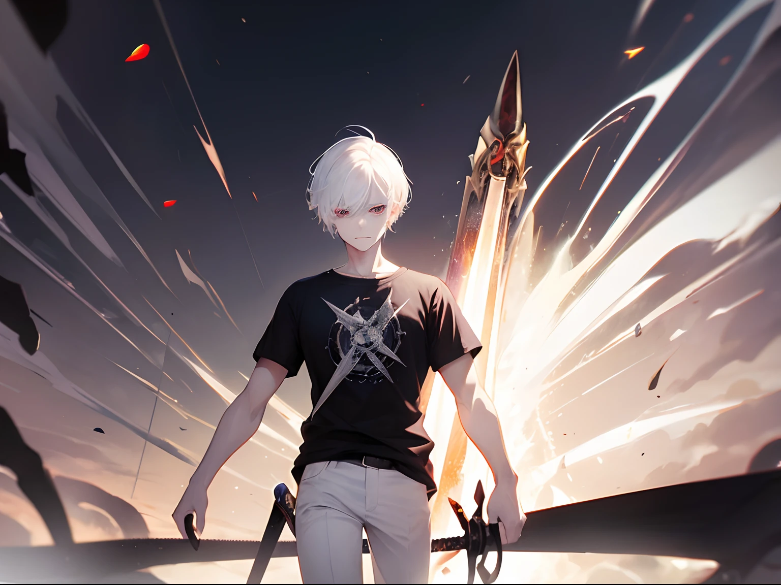 boy, white hair, demonic, dark power, the end of the world, sword, 8k, scary background, destruction background, black t-shirt, white pants