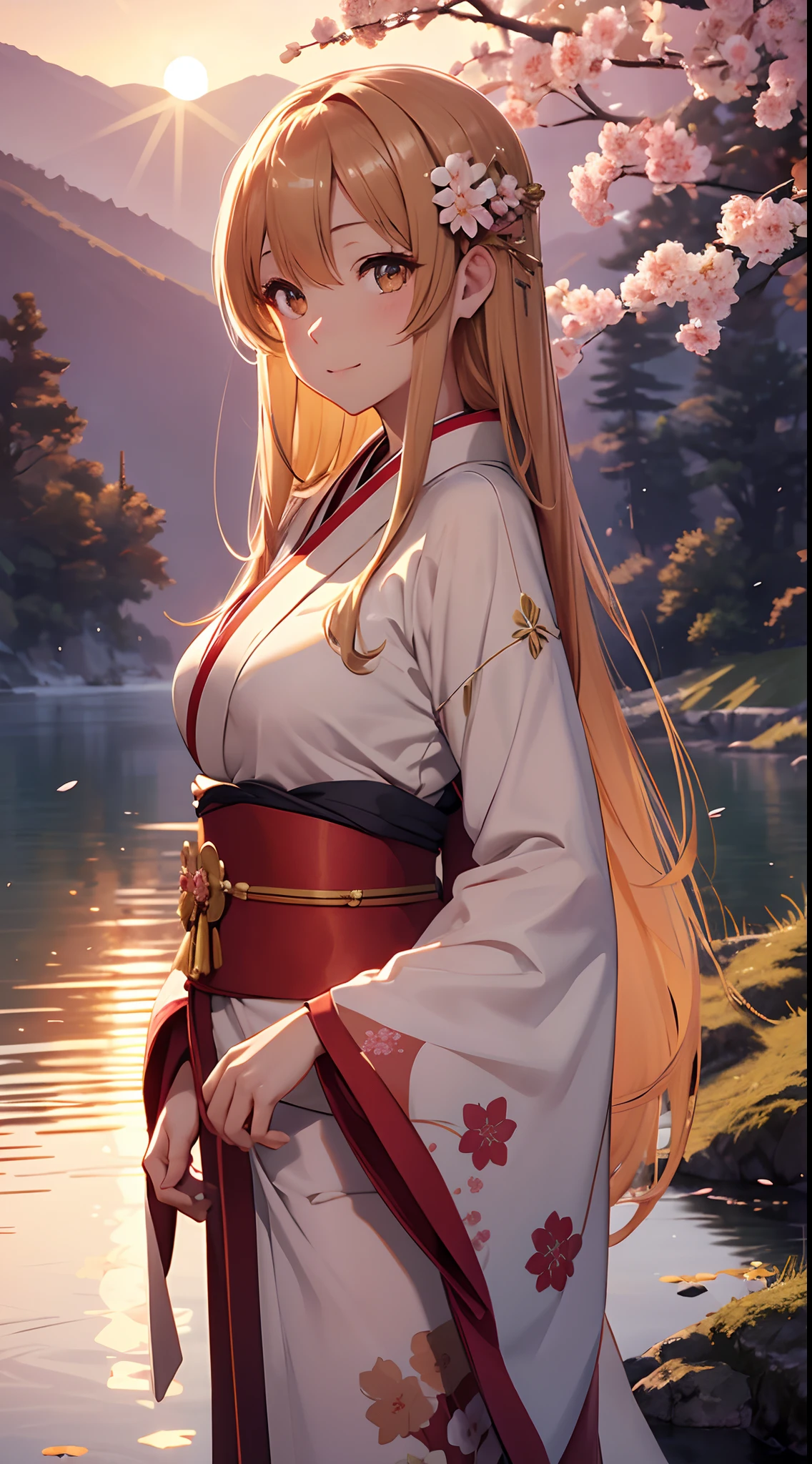 Asuna, masterpiece, Best quality, detailed, (1 girl), One, detailed golden eyes, long hair, standing, close to the viewer, (detailed kimono), A slight smile, Medium breasts,  (hands behind your back), Water, sunset, (hair ornament), (Sakura blossoms),  snow mountain lake in the background