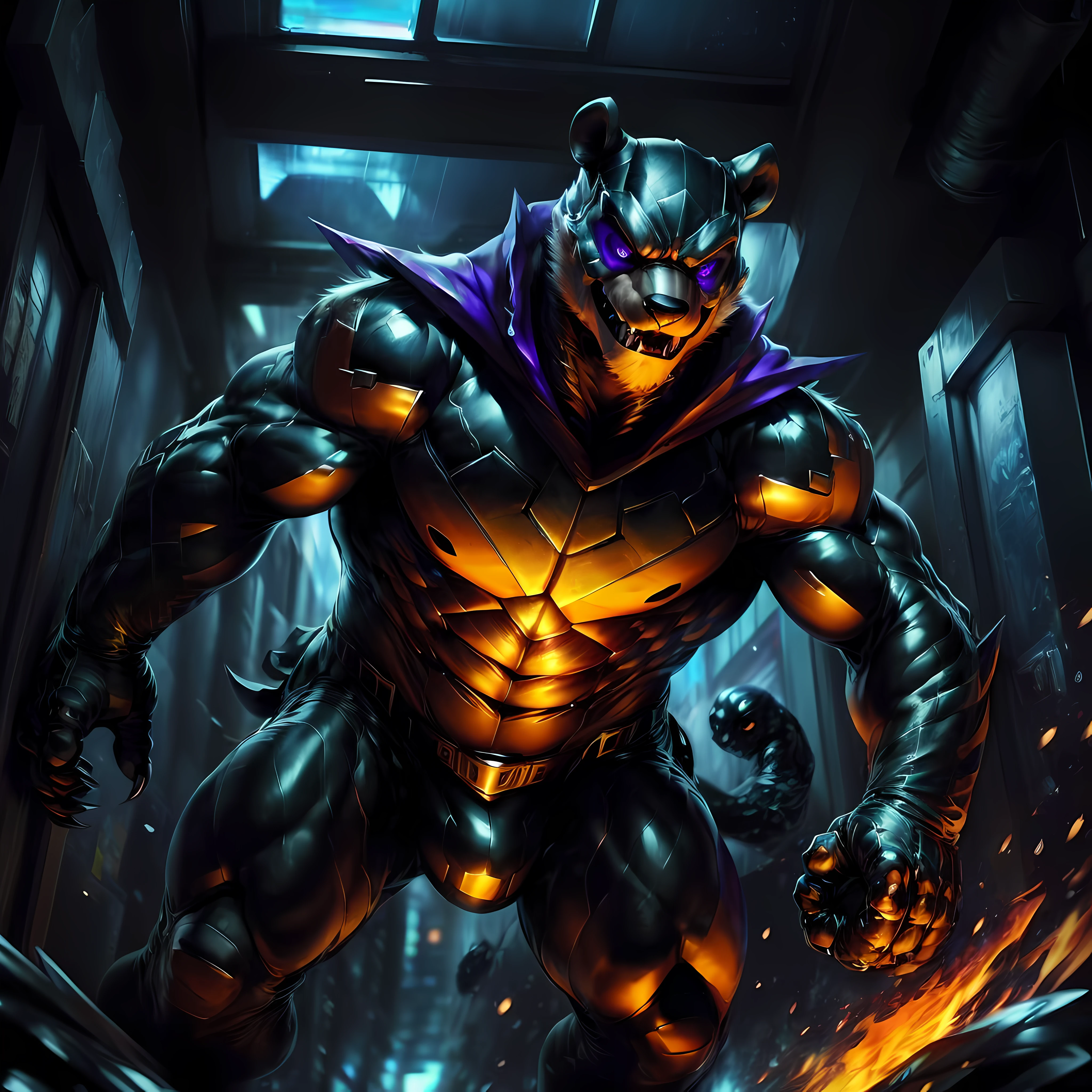 2d, masterpiece, best quality, 4k, 8k, ultra highres, raw photo in hdr, sharp focus, photo realism ,real life like, in a night city, detailed background, solo, (gloves, mask, black skin tight suit outft), sweat, (by null-ghost, by thebigslick, by darkgem, by honovy), large bear anthro, male focus, perfect purple eyes, full body, cape, Full View, Villain, Bad Guy, Evil, smirk, crazy, claws, huge detailed bulge, crazy eyes, Breaking down door, room with fire in the backgroubd, sexy tease, action pose,