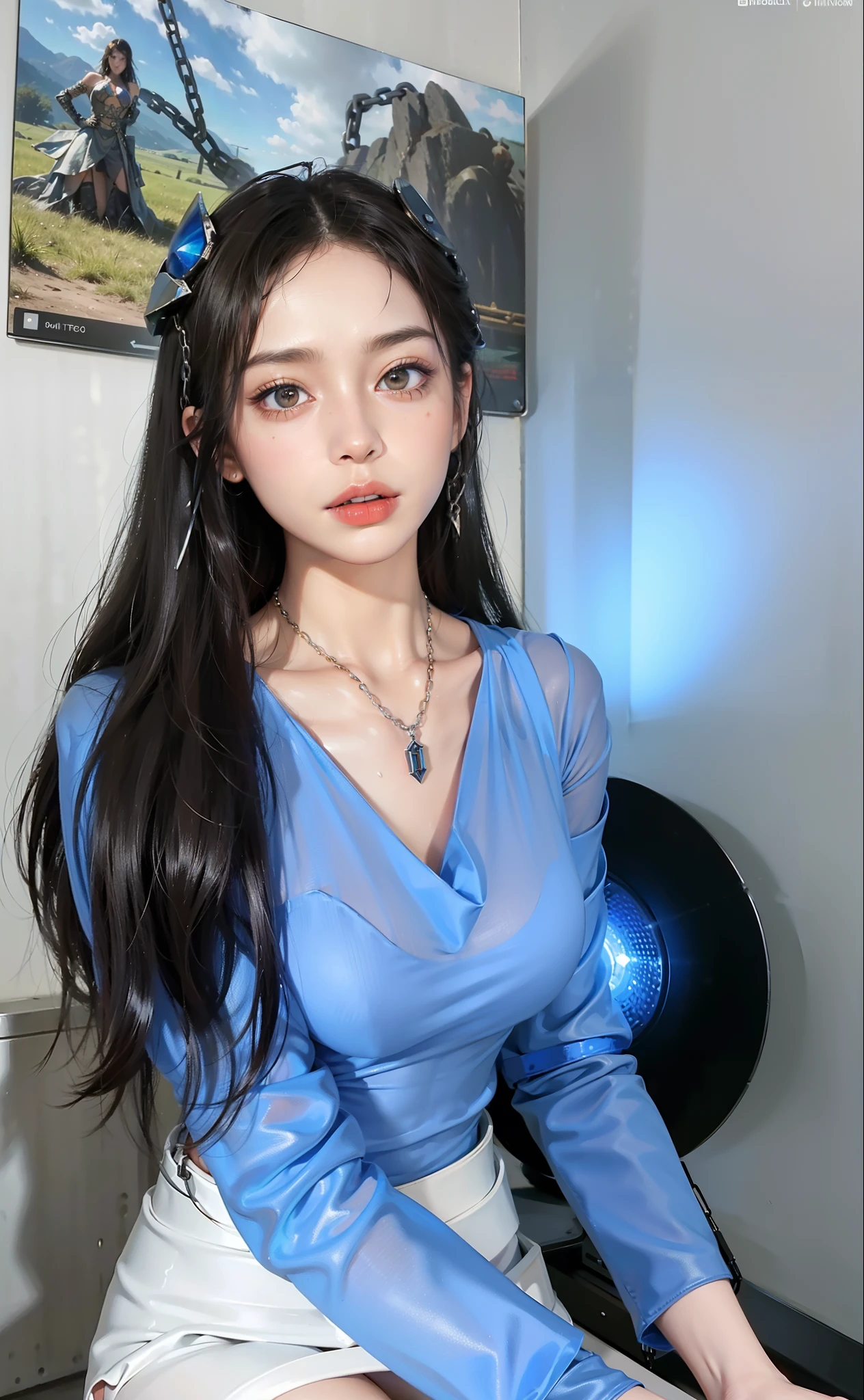 masterpiece, gothic aesthetic, dream atmosphere, ultra realistic, 16k, best quality, absurdres, perfect anatomy, 1girl, goth brunette, voluminous silky hair, cute hair fringe, goth makeup, realistic turquoise eyes (intense look). pale-white skin (highlighted), realistic shading, solo, Caera, realistic blue eyes, black t-shirt, small natural breasts, large hips, thick thighs, thick legs, black mini skirt, tights (realistic textures), pretty seductive, upper body, beautiful girl, happy, inside a (neon pastel lights) modern house, different poses at different angles, blurred background, cinematic, Photorealistic.
