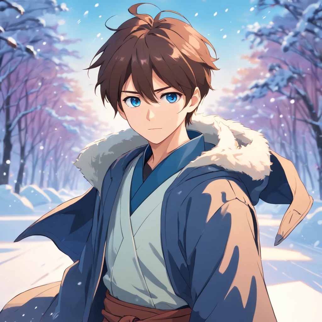 1 man, 35 yeas old, white skin, noble clothes, warrior noble, straight brown short hair, brown beard, stern expression, blue eyes, snow, windy.