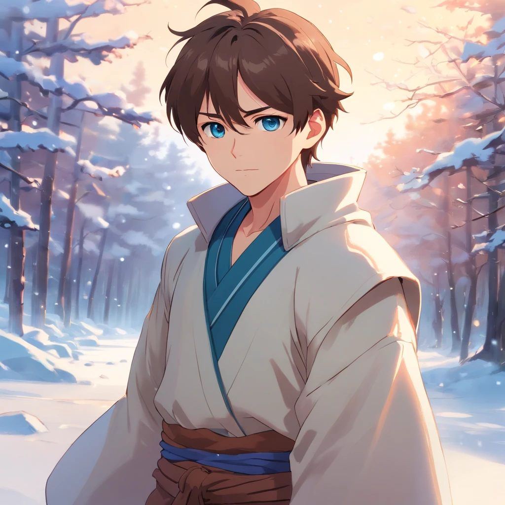 1 man, 35 yeas old, white skin, noble clothes, warrior noble, straight brown short hair, brown beard, stern expression, blue eyes, snow, windy.