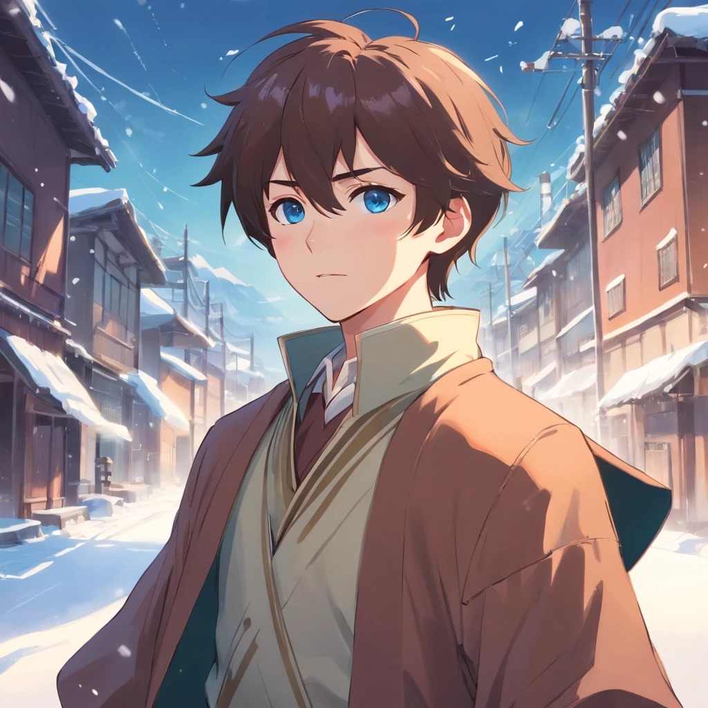 1 man, 35 yeas old, white skin, noble clothes, warrior noble, straight brown short hair, brown beard, stern expression, blue eyes, snow, windy.