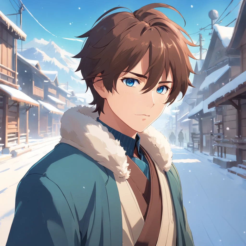 1 man, 35 yeas old, white skin, noble clothes, warrior noble, straight brown short hair, brown beard, stern expression, blue eyes, snow, windy.