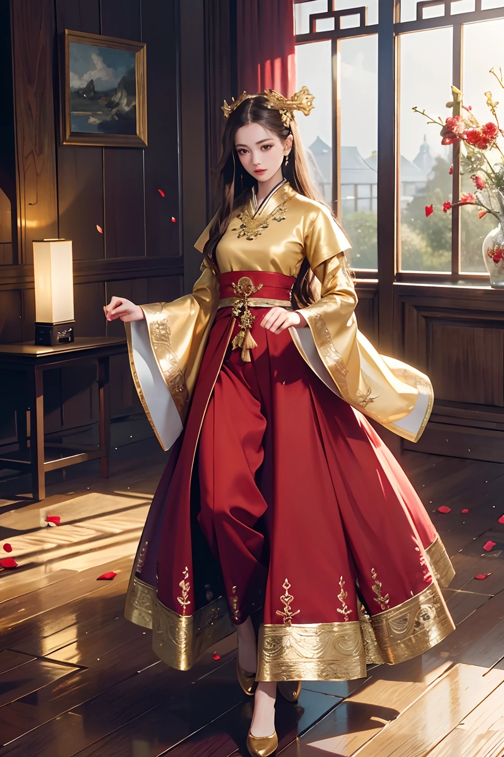 Highest quality, masterpiece, High resolution, (Exquisite body:1.5),Gorgeous face,(Milky skin:1.3),Intricate details,High resolution,wallpaper,
One girl, alone, dress, hair ornaments, (((gold and red dress))), Flowers, Long Hair, Brown Hair, Mouth closed, jewelry, Long sleeve, Raise your hand, Wide sleeves, Big eyes,Floating Hair, Chinese clothing, Hanfu, embroidery, Long skirt, Natural pose, Falling petals, indoor,Fanning, lanthanum,
16K,High resolution,High resolution,Depth Field,(Film Grain:1.1),Book,Golden Hour,(Lens flare),Vignette,Rainbow colors,(Color Grading:1.5)