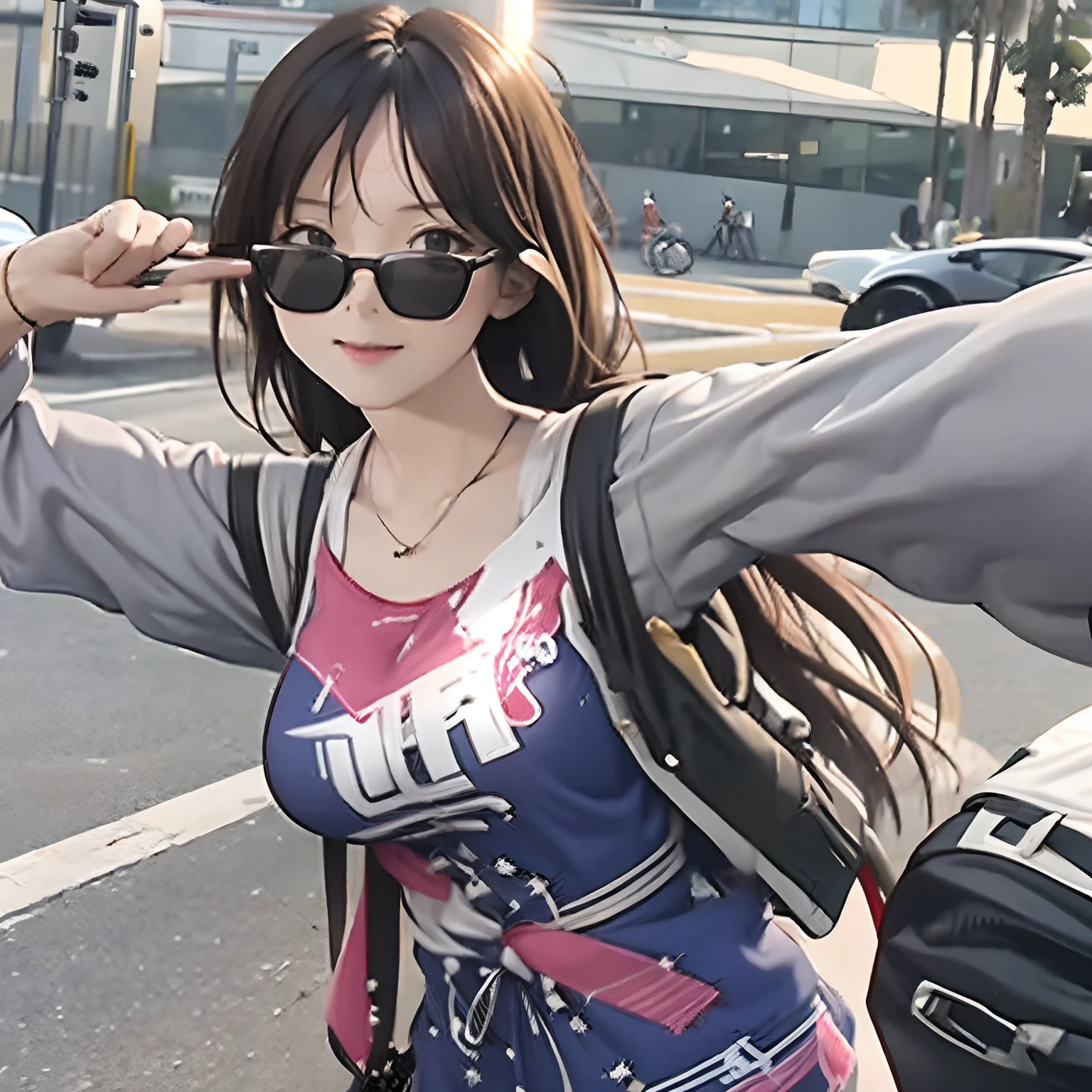 (Movie Angle:1.2),streetview,(1个Giant Breast Girl,sun glasses,Summer clothes),(best qualtiy,the detail,tmasterpiece,offcial art,movie light effect,4K)