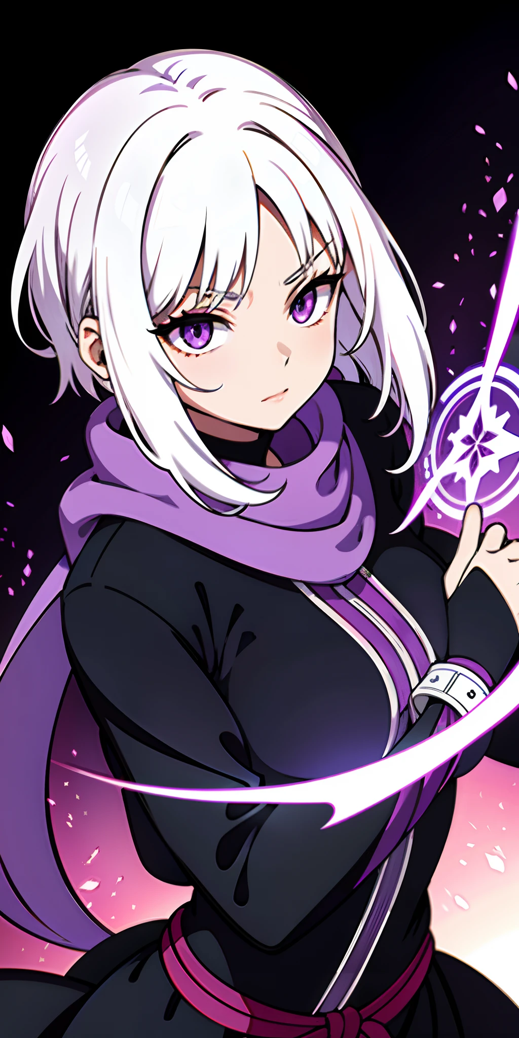 upper body, 1woman, white hair, Long Haired, purple eyes, (ninja), short sword, big breats ,scarf, wallpaper, magic circle background, light particles, purple fire, hands behind the back, (masterpiece), best quality, mask