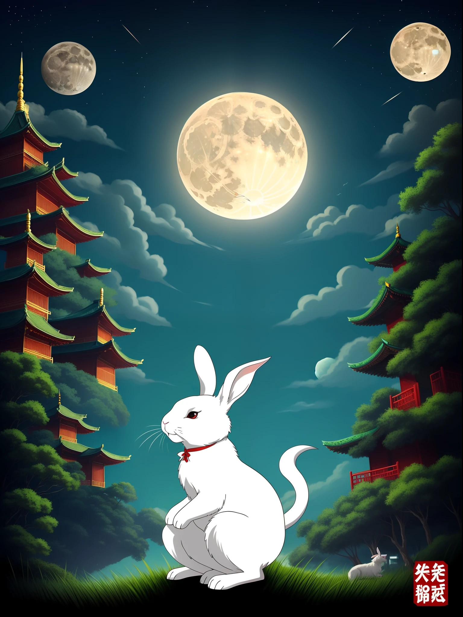 #Draw a white rabbit with an animated touch of Japan、The white rabbit's forehead has a big "X"There are characters of。The background is a large shrine in Japan red、A rabbit is trying to grab the tail of a green Japan dragon trying to escape。The green dragon escapes to the left of the screen、The rabbit is on the right、The dragon is on the left、There is a big round moon in the background、