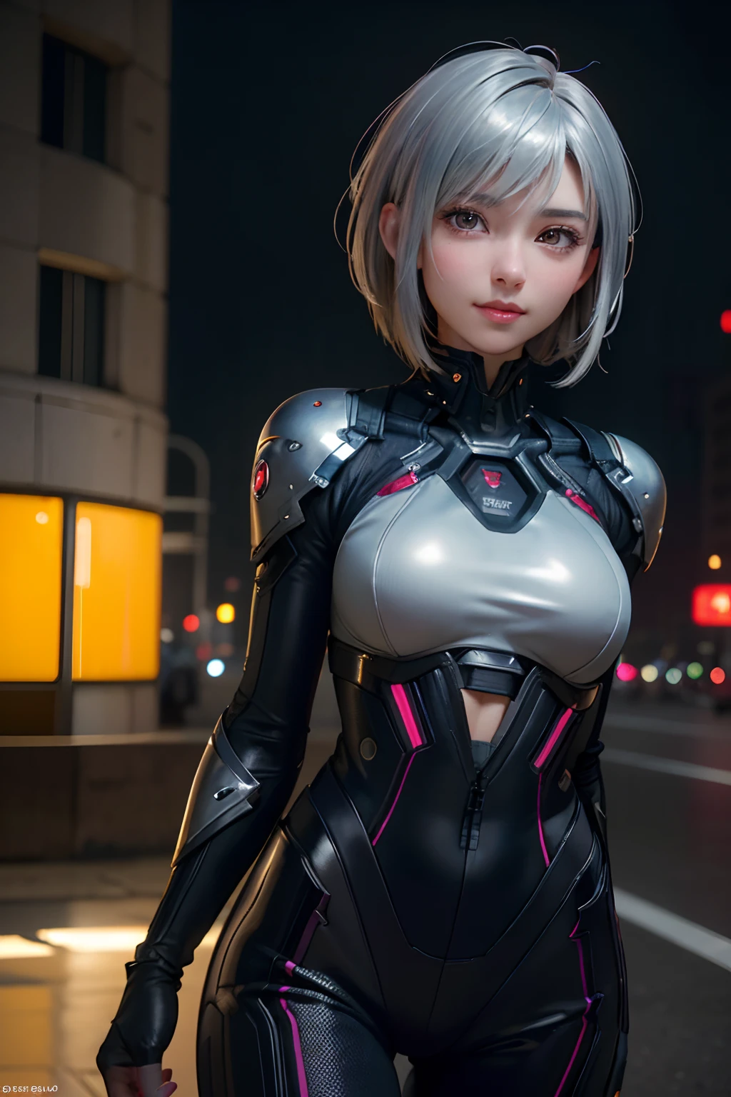 (8k, photorealistic, RAW photo, top quality: 1.4), (1girl), super beautiful, (realistic face), (boyish, silver-colored berry short hair), beautiful cyberpunk suit, glares seducing viewer, beautiful expression, beautiful breasts, (realistic skin), beautiful smile, (soldier), attractive, ultra high resolution, ultra realistic, high definition, spoiled