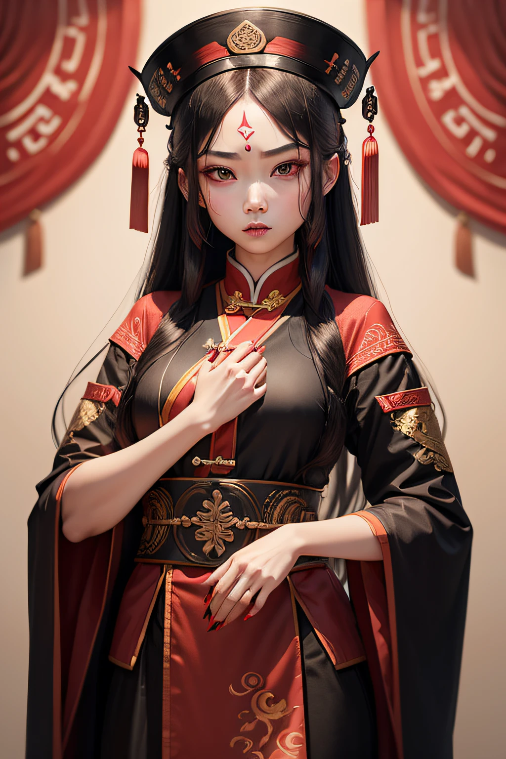 (one-girl),(Wearing the official uniform of the Qing Dynasty of China),There are Dao talismans on the forehead,poison fangs,Long red nails,long whitr hair,The expression is grim,Background Black