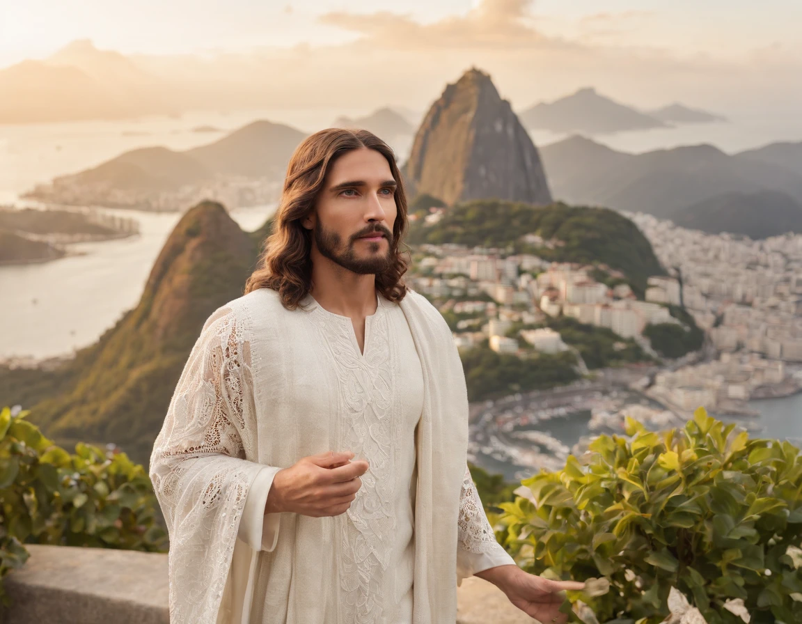 Jesus Christ, handsome man, wearing crochet clothes, clear day, in Rio de Janeiro, with Sugarloaf Mountain in the background of the photo and statue of Christ the Redeemer, professional photo, 4k, ultra-realistic, cinematic