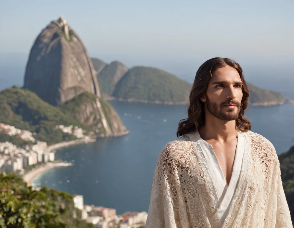 Jesus Christ, handsome man, wearing crochet clothes, clear day, in Rio de Janeiro, with Sugarloaf Mountain in the background of the photo and statue of Christ the Redeemer, professional photo, 4k, ultra-realistic, cinematic