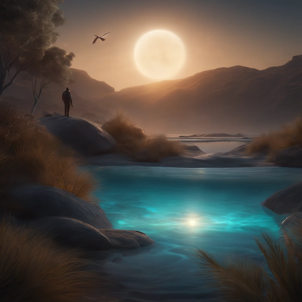 (best quality, 4k, highres, masterpiece:1.2), ultra-detailed, realistic:1.37, shiny feathers, detailed feathers, intricate big eyes, focused observation using discernment, concentrated focus, extraterrestrial landscape background, escape, detailed, realistic representation, 4k highly detailed digital art, cinematic rendering, bioluminescence, escape conceptual art, photorealistic, created by Mappa studio, artwork by Masuete, best quality, official art, illustration, crisp lines, (extremely cool color palette), perfect composition, surreal, fantastical, intensely focused expression, rule of thirds