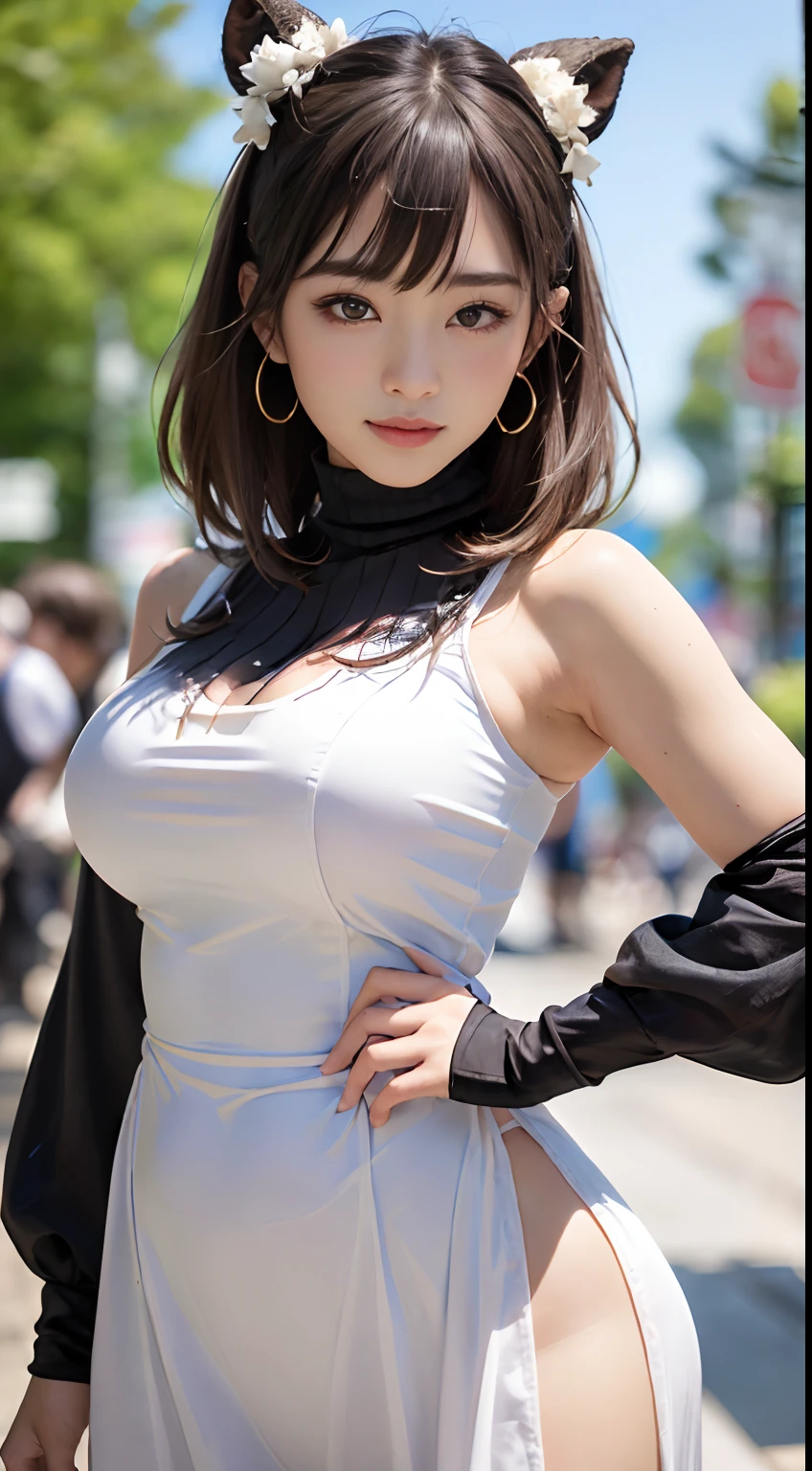 (8K, 超A high resolution, Best quality, masutepiece:1.2)、RAW portrait of japanese girl、超A high resolution、top-quality、 (huge-breasted,:1.8)、｛a skirt:1.5｝、(wear a  turtleneck:1.5)、(hand to hip:1.6)、(In the street:1.2) Break (Natural skin texture、Detailed skin、Hyper-realism、ultra-sharpness)、intricately details、depth of fields、Sexy adult woman、short black straight hair、((tmasterpiece、top-quality、high detal))、(Photorealsitic:1.4)、独奏、Keep one's mouth shut、Smile happily、largeeyes、Distinct double eyelids、eyeslashes、Long neck、Absolute area、Clean collarbone、face perfect、Thin lips、a small face、(Gaze towards the viewer、highlights in the eyes、Light brown eyes、Gloss on lips)、(From the side:1.5)｛pull、head to toe、Show your whole body:1.2｝ negative　The maid's clothes　Show your　Show the whole body
female