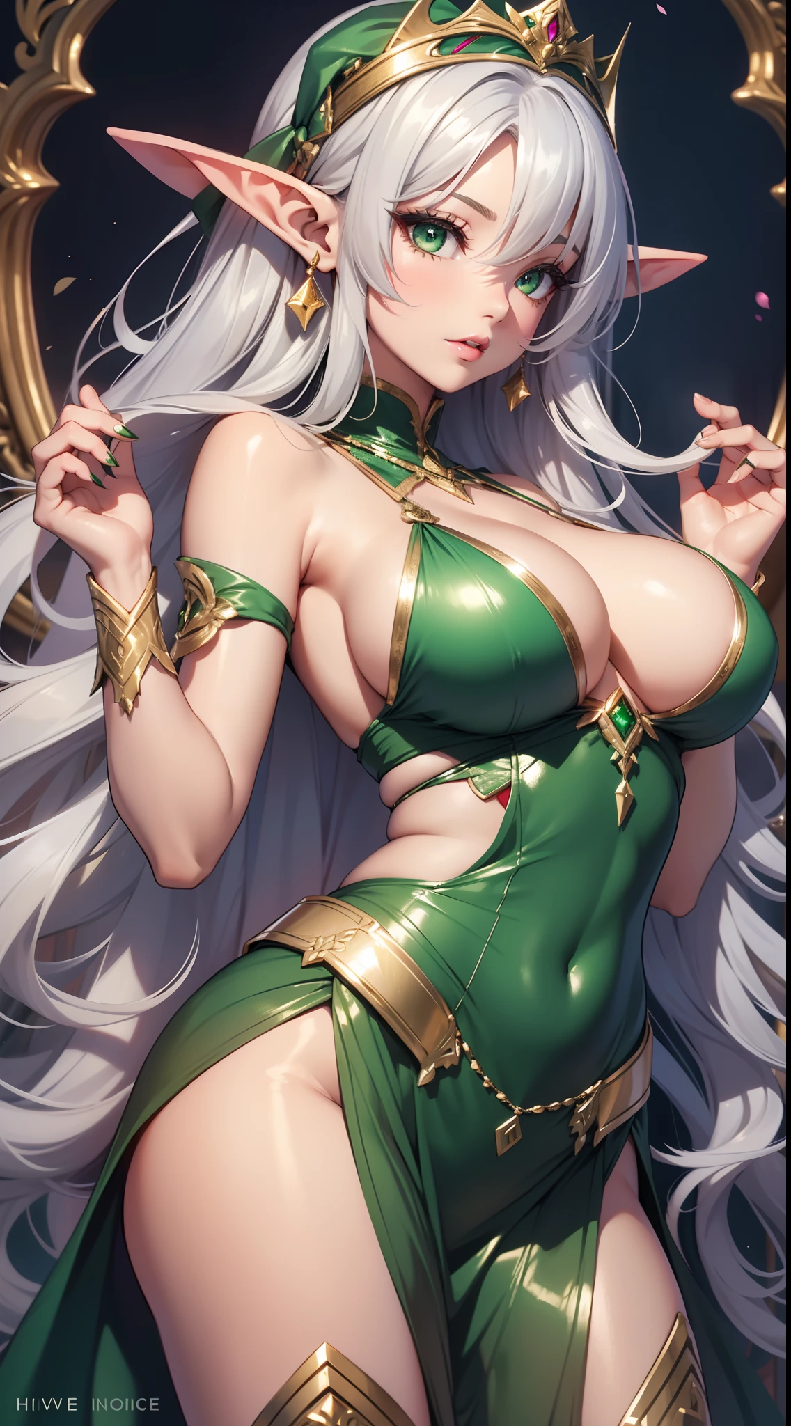 Grown-up girl, Long silver hair, elf ears, Green eyes, large breasts, Green lipstick, green dress, open dress, open breasts, Sleeveless, Sexy, erotic dress, transparent dress, Princess, Gold Elements, Hands up, Masterpiece, hiquality, 4k, HD, Good detail