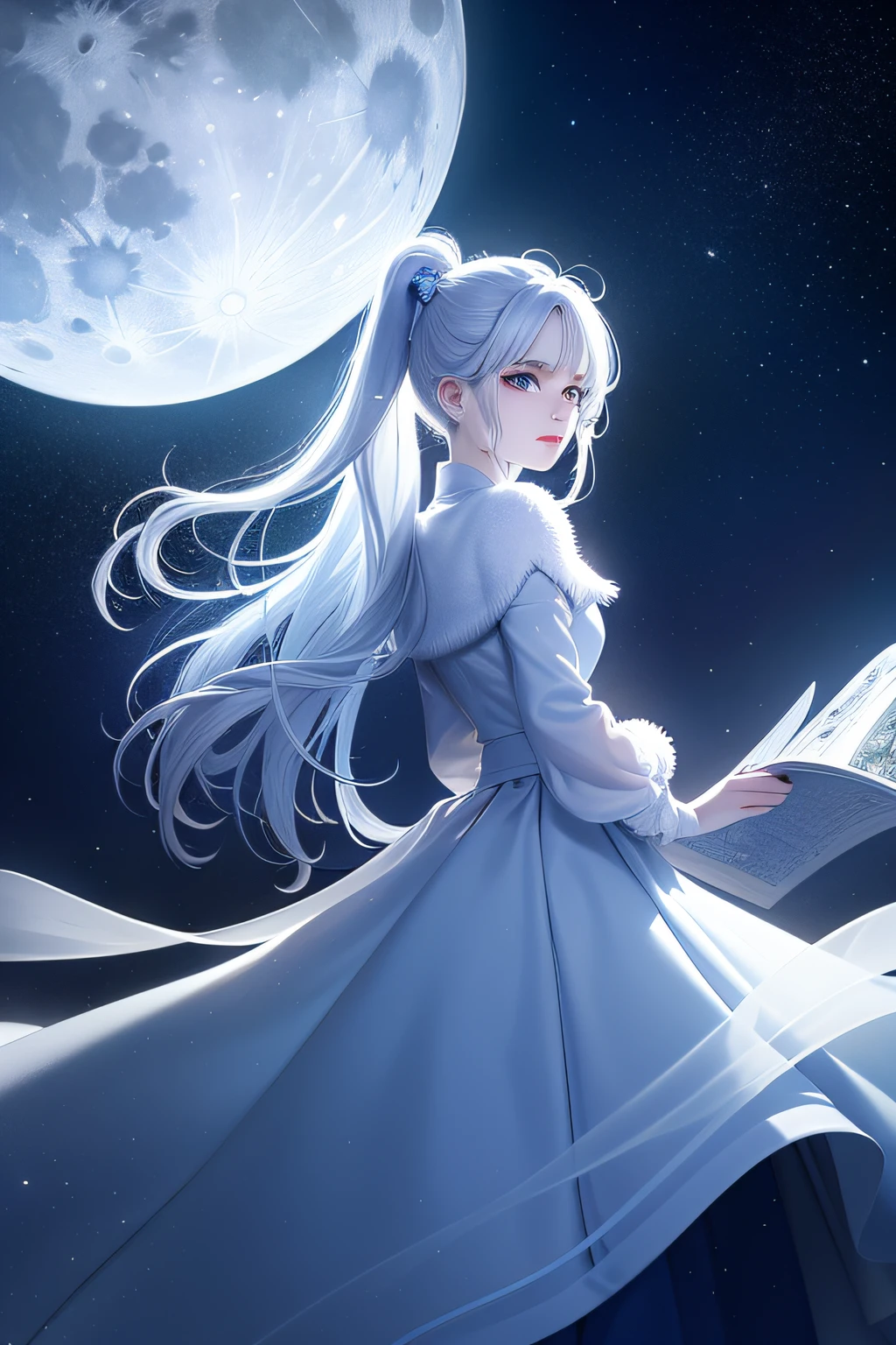 Masterpiece, (Best Quality: 1.2), (Super Fine: 1.2), Illustration, (Extremely Delicate and Beautiful: 1.2), Film Angle, Floating, (Beautiful Detail Eye: 1.1), (Detail Light: 1.1), Film Lights, Delicate Sky, Woman, White Hair, Blue Eyes, (High Ponytail: 1.1), Cloak, Glowing Eyes, (Moon: 1.2), (Moonlight: 1.1), Starry Sky, (Light Particles: 1.1), Fog , snow painting, sketching, blooming