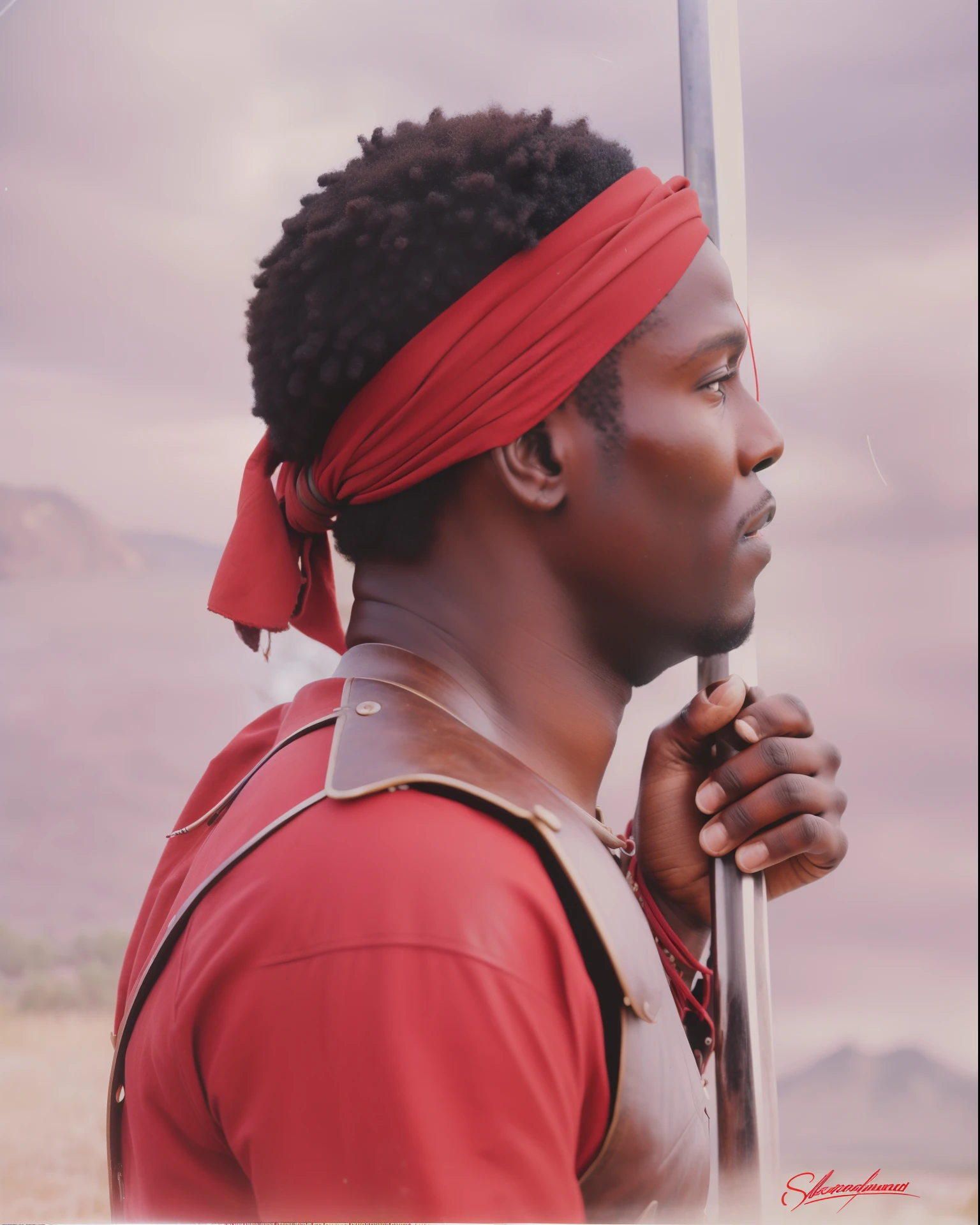 Realistic photo of a black man, red headband, facing the camera, red shirt, leather vest, holding a spear, black spearman, Rio Grande do Sul 1835 environment, photographed with a Leica camera