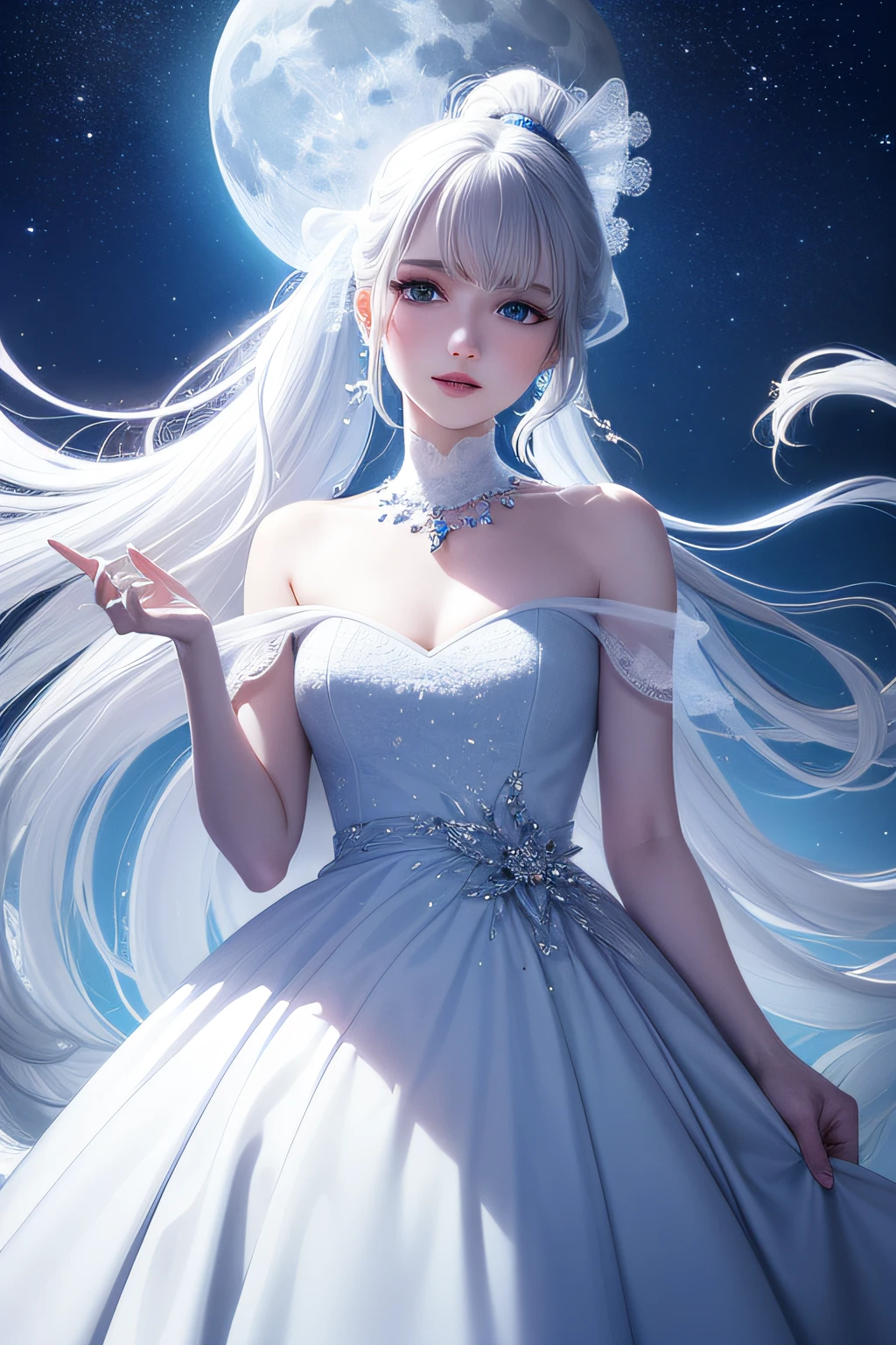 Masterpiece, (Best Quality: 1.2), (Super Fine: 1.2), Illustration, (Extremely Delicate and Beautiful: 1.2), Film Angle, Floating, (Beautiful Detail Eye: 1.1), (Detail Light: 1.1), Film Lights, Delicate Sky, Woman, White Hair, Blue Eyes, (High Ponytail: 1.1), Cloak, Glowing Eyes, (Moon: 1.2), (Moonlight: 1.1), Starry Sky, (Light Particles: 1.1), Fog , snow painting, sketching, blooming