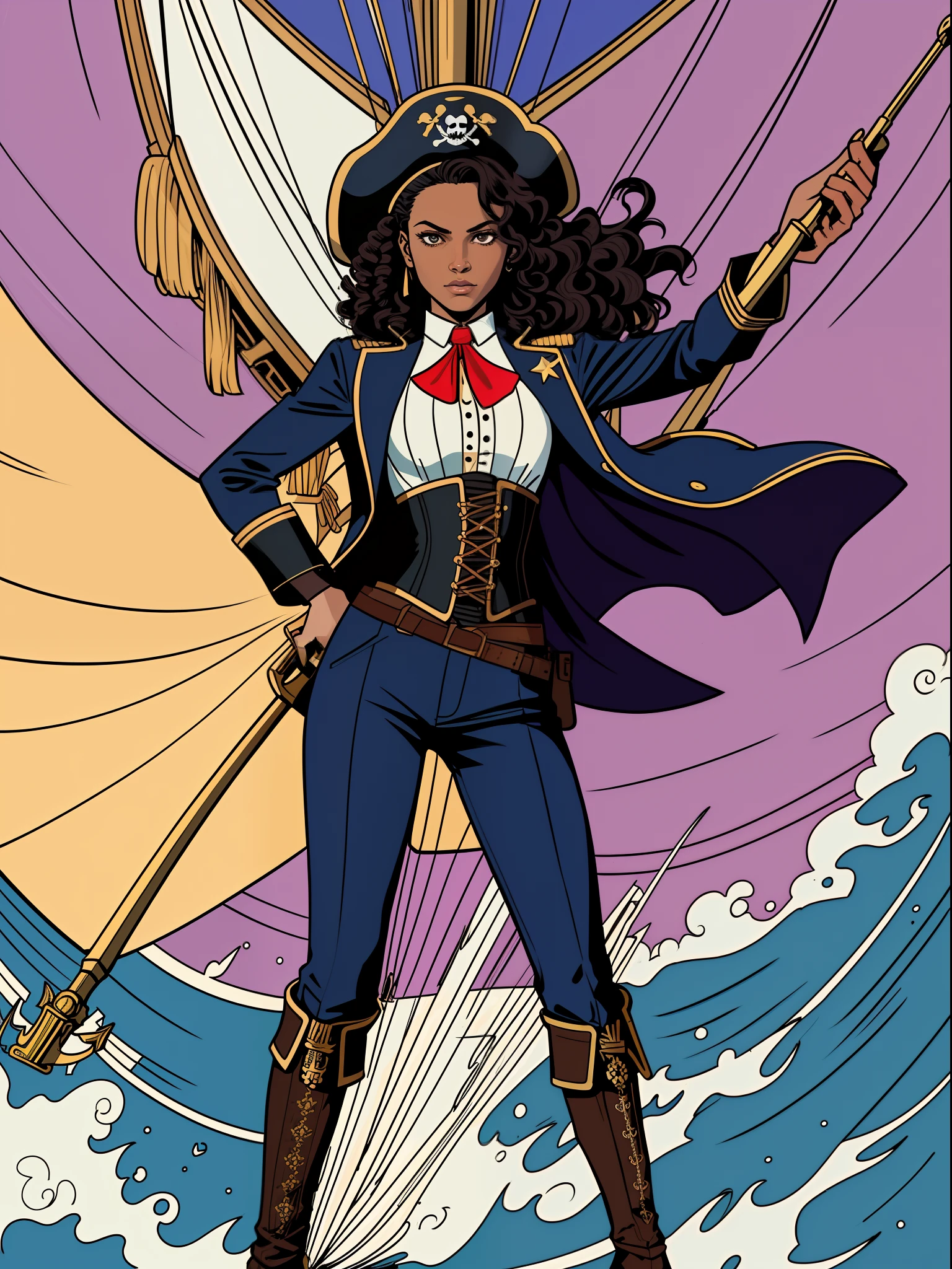 1 girl, (comic style:1.3), (line art:1.5), (full body portrait),(masterpiece, award winning, best quality:1.3), (solo), Haitian, standing on the prow of a pirate ship, long curly black hair , wearing a blue captains jacket, captains hat, purple pants, corset, holding a cutlass, pirate ship, windy, cinematic, masterpiece, detailed background, detailed material textures, serious, realistic 1.35, muscular 1.2
