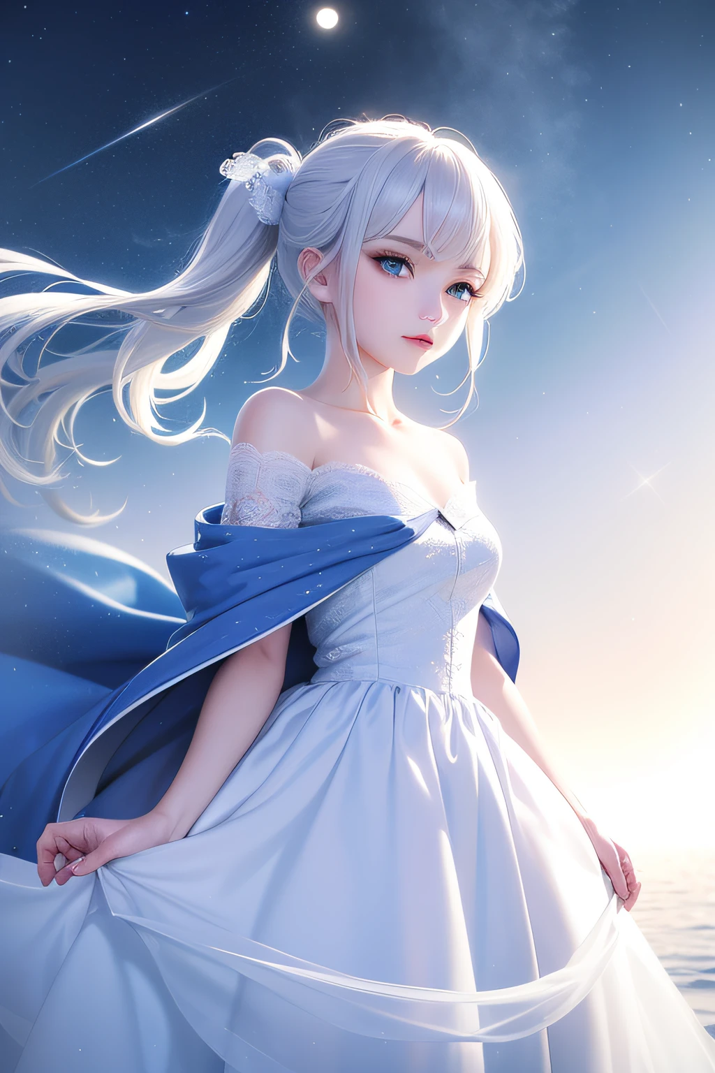masterpiece、(top-quality:1.2)、(ultra-detailliert:1.2)、illustratio、(extremely delicate and beautiful:1.2)、scinematic angle、floating、(beatiful detailed eyes:1.1)、(Detailed light:1.1)、Cinematic lighting、Beautifully detailed sky、femele、a blond、blue eyess、(High ponytail:1.1)、cloaks、radiant eyes、(a moon:1.2)、(rays of moonlight:1.1)、starrysky、(lighting particle:1.1)、foggy、Snow painting、Sketched、florals