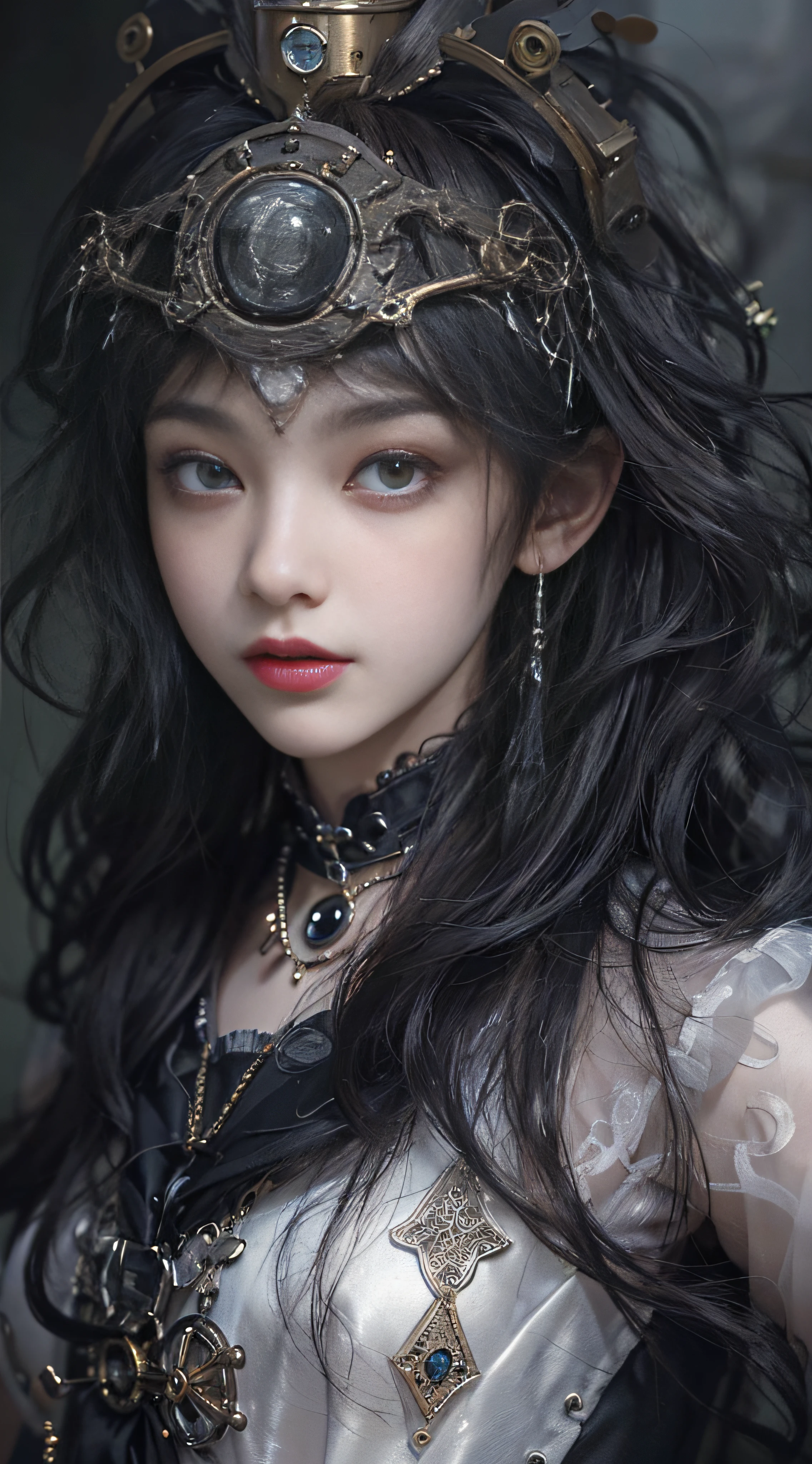 (((Masterpiece, top quality, ultra-detailed))), (((1 Infinity Mage Girl))), 14 years old, (((very detailed face))), small thin nose, small thin-lipped mouth, (((very sharp focused eyes))), very large slit precision pale grey eyes, sparkling like jewels. Very long eyelashes, long black hair in black vertical curls, with fringes, ((Steampunk fashion, Gothic Lolita fashion))