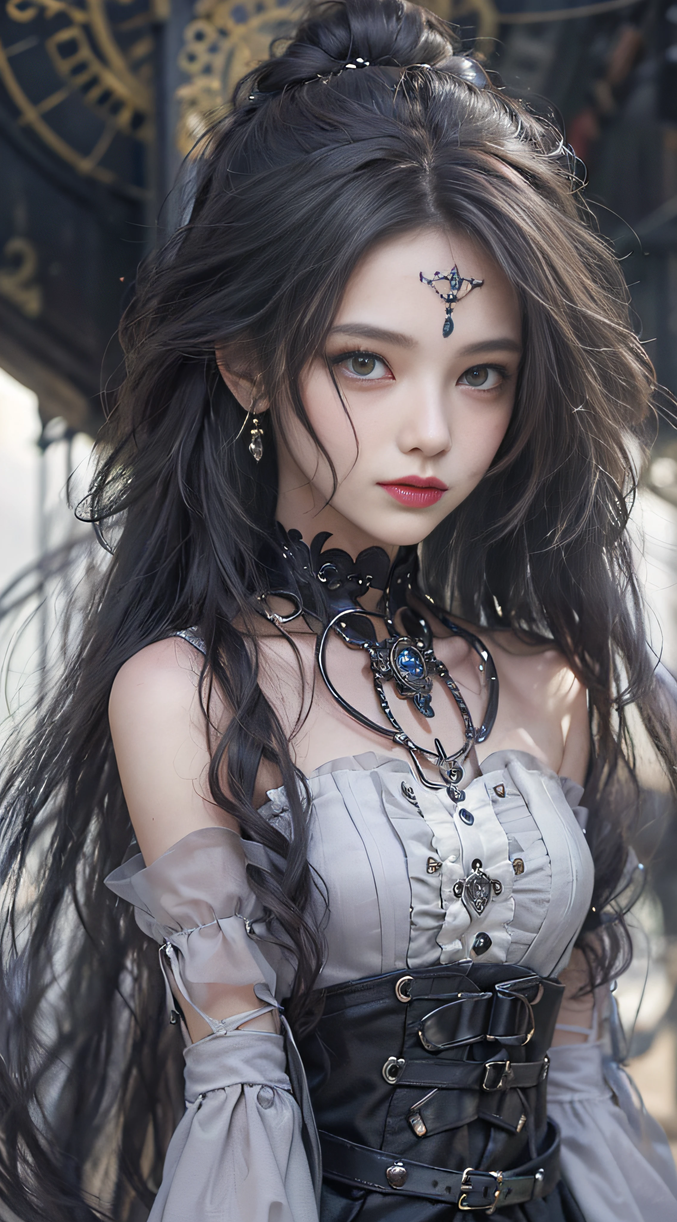 (((Masterpiece, top quality, ultra-detailed))), (((1 Infinity Mage Girl))), , (((very detailed face))), small thin nose, small thin-lipped mouth, (((very sharp focused eyes))), very large slit precision pale grey eyes, sparkling like jewels. Very long eyelashes, long black hair in black vertical curls, with fringes, ((Steampunk fashion, Gothic Lolita fashion))