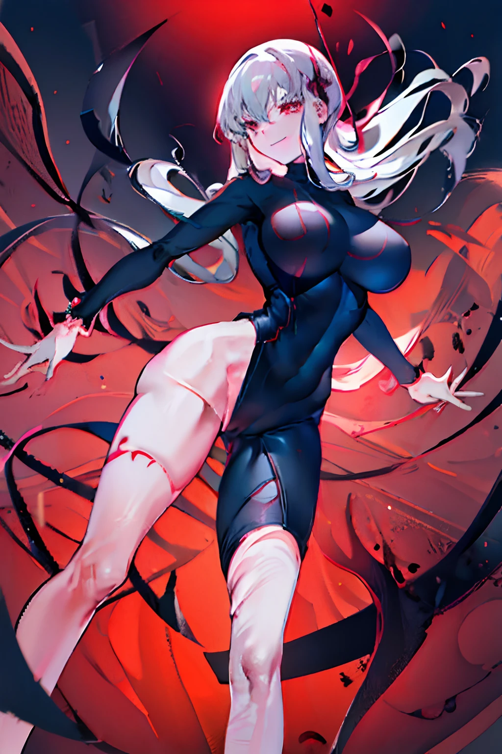 Black full body suit Red lines all over the body huge tit Big ass Whip thighs seductiv a smile Bare legged succubus