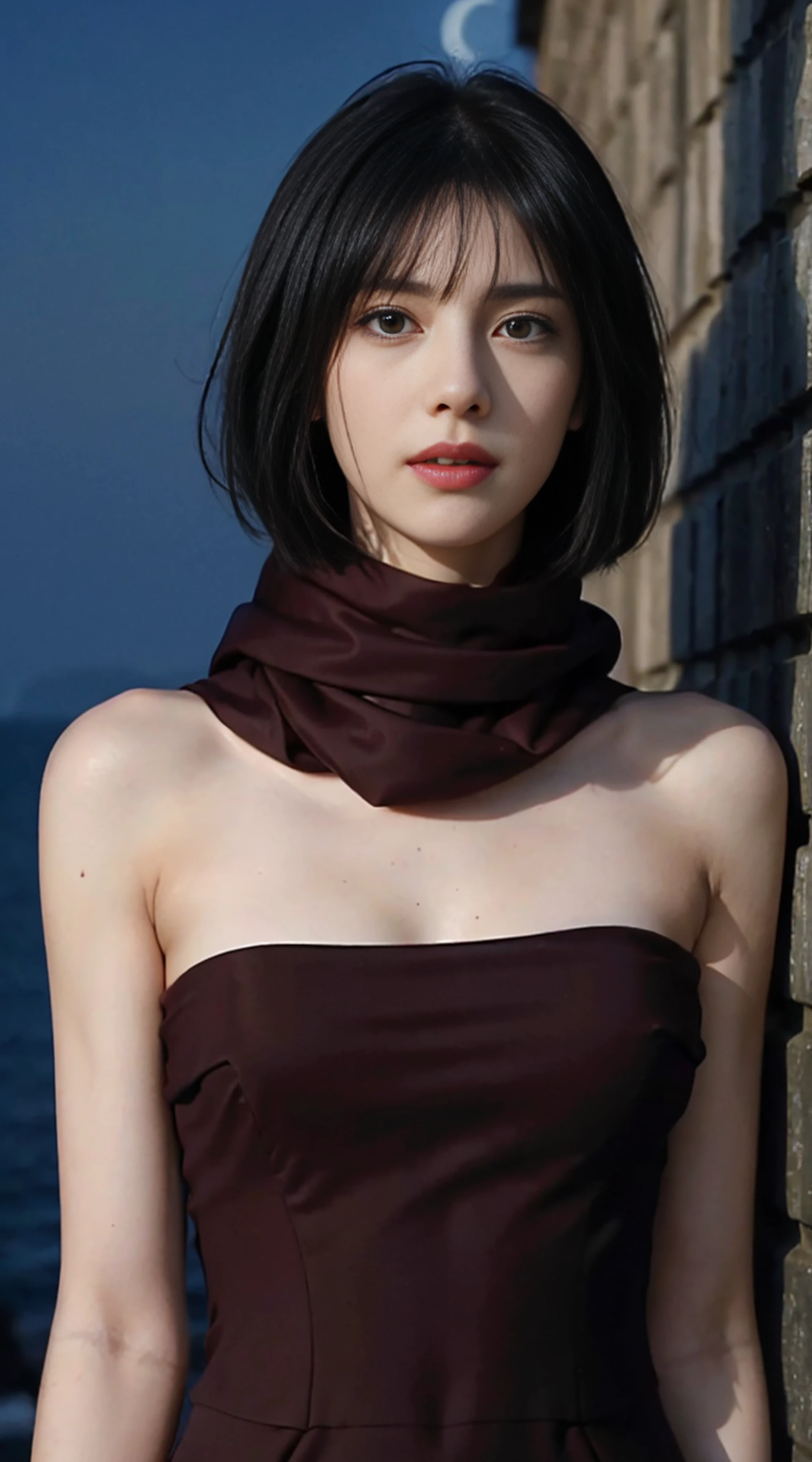 8K, Top Quality, Intricate Details, Ultra Detail, Ultra High Resolution, Masterpiece, random angle, mikasa ackerman, Slender, Smile, (Makeup: 0.4), (Fluffy Blue Eyes: 1.21), blue Eyes,, ((full body)), 1girl, solo, 1 girl, (( full body)), close-up shot, , , ((tall)), (((fit body))), (((slim face))), sharp face, sharp eyes, (((black hair, short hair, bangs )) ,(detailed face), sharp face, small lips, thin lips,
((red scarf, maxi dress)), detailed face, detailed breast, , large breast, detail, , Beautiful girl with accentuated slender abs: 1.4, Six Pack Abs: 1.4, Bust Botox, Big, Perfect Body, detail leg, (( moonlight)), ocean