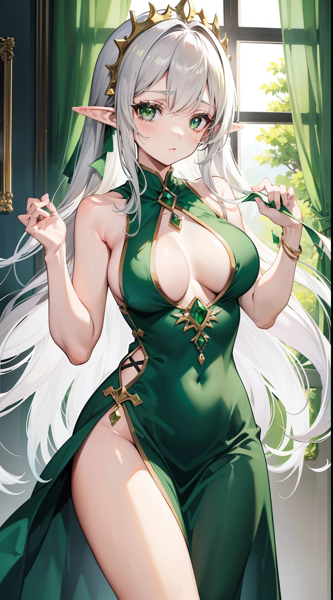 Grown-up girl, Long silver hair, elf ears, Green eyes, large breasts, Green lipstick, green dress, open dress, open breasts, Sleeveless, Sexy, erotic dress, transparent dress, Princess, Gold Elements, Hands up, Masterpiece, hiquality, 4k, HD, Good detail