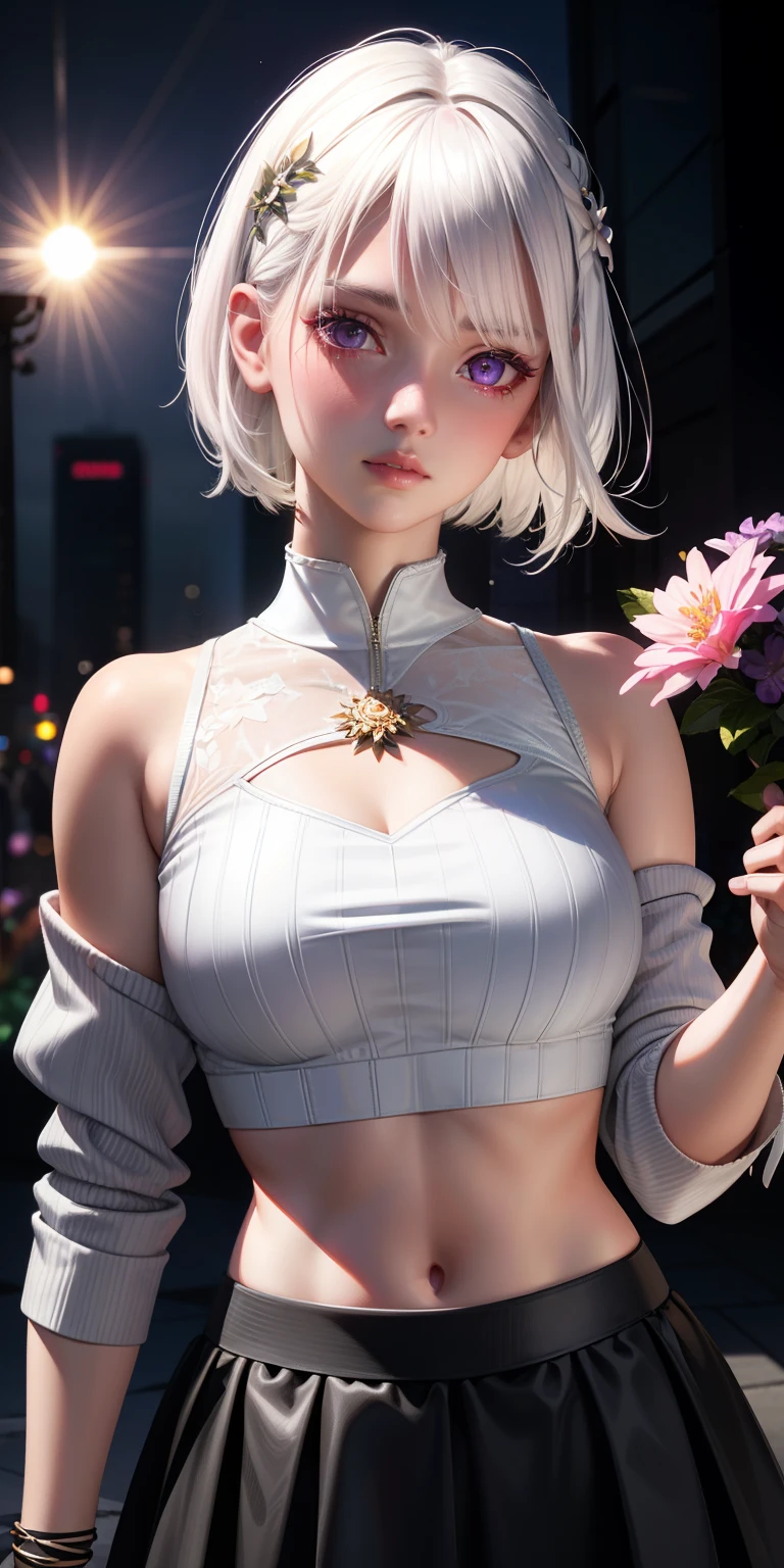 realistic, 1girl, white hair, purple eyes, glowing eyes, crop top, skirt, parted lips, blush, night, flowers, sun, sunlight,