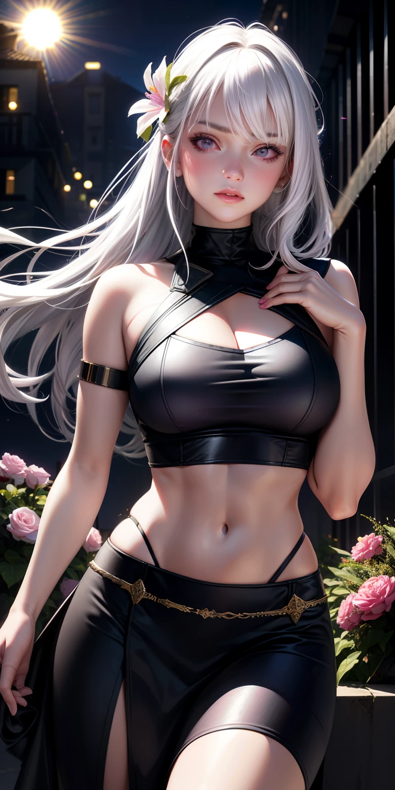 realistic, 1girl, white hair, purple eyes, glowing eyes, crop top, skirt, parted lips, blush, night, flowers, sun, sunlight,