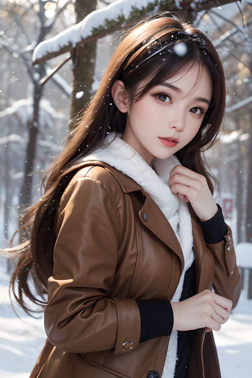 a lovely painting of a girl in the forest with light snow falling,