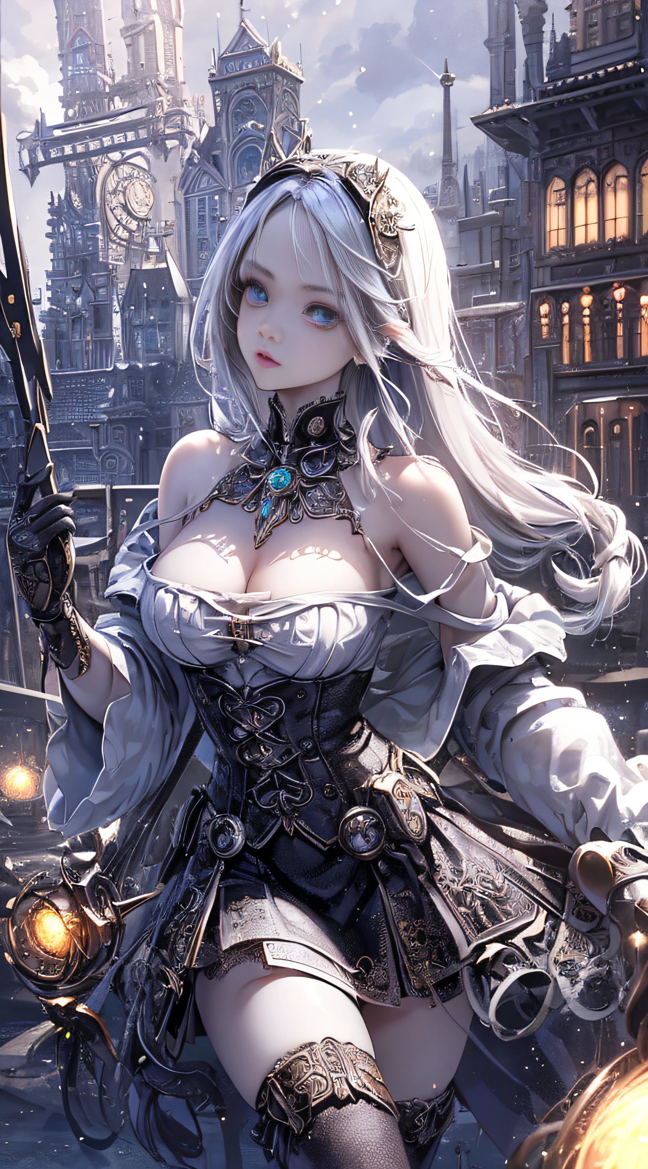 Wizard girl. 
(((masterpiece, best quality, raw photo, photorealistic, depth of field, ultra detailed, detailed face, very precise eyes ))), Dynamic Action Pose, Invoke Magic, Mechanical Magic Weapons,  very slender long legs, lace stockings on the knee, steampunk headgear, fluttering lace flared mini skirt, off-shoulder fashion with a fusion of detailed and intricate steampunk and detailed gothic ta, upward and beautiful small breasts, Clean long silver hair, long vertical curly hair, wind driven, futuristic complex steampunk factory background, infinite dark universe, flying celestial bodies, countless celestial neon lights raining down from the heavens, cinematic lighting decoration
