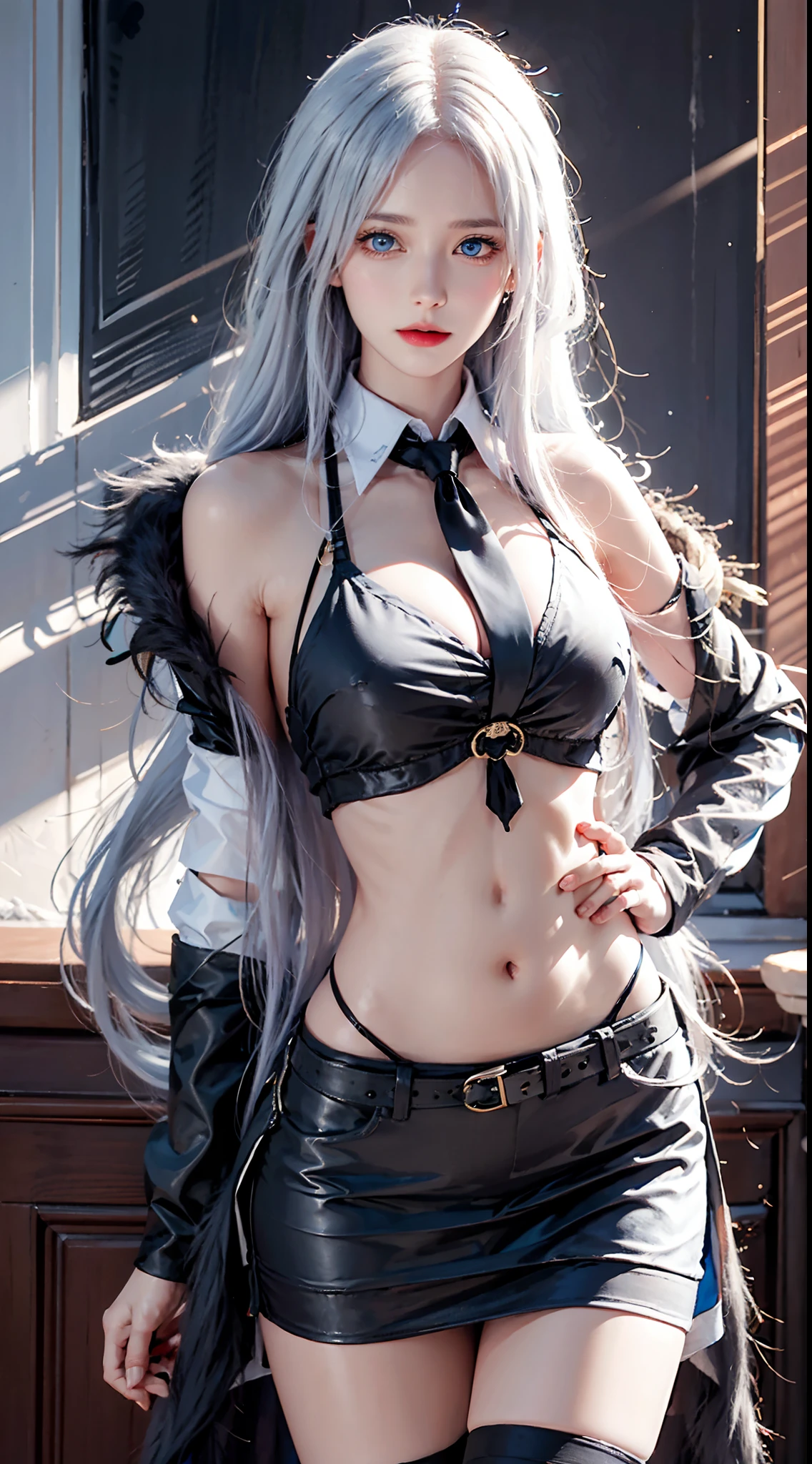 photorealistic, high resolution, soft lights, 1women, solo, hips up, blue eyes, white hair, long hair, close lips, collared shirt, black necktie,black skirt, pencil skirt, fur coat, stockings