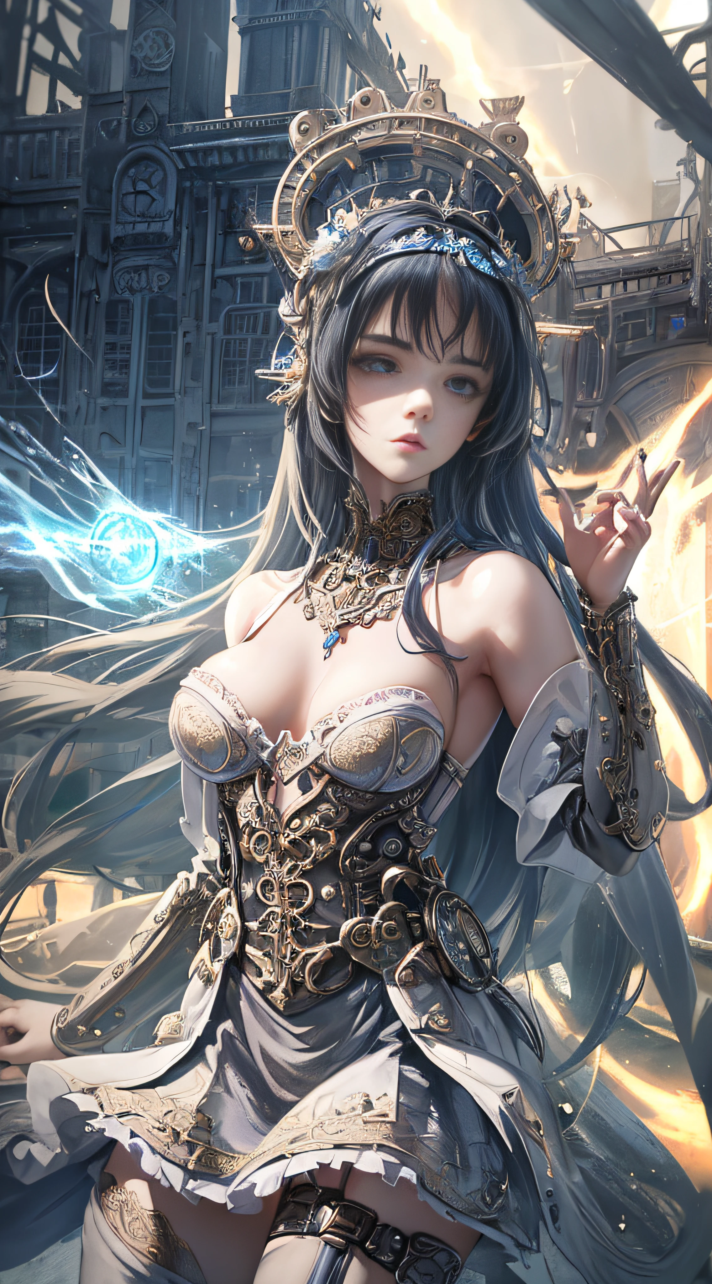 Wizard girl.
(((masterpiece, best quality, raw photo, photorealistic, depth of field, ultra detailed, detailed face, very precise eyes ))), Dynamic Action Pose, Invoke Magic, Mechanical Magic Weapons, very slender long legs, lace stockings on the knee, steampunk headgear, fluttering lace flared mini skirt, off-shoulder fashion with a fusion of detailed and intricate steampunk and detailed gothic ta, upward and beautiful small breasts, Clean long silver hair, long vertical curly hair, wind driven, futuristic complex steampunk factory background, infinite dark universe, flying celestial bodies, countless celestial neon lights raining down from the heavens, cinematic lighting decoration