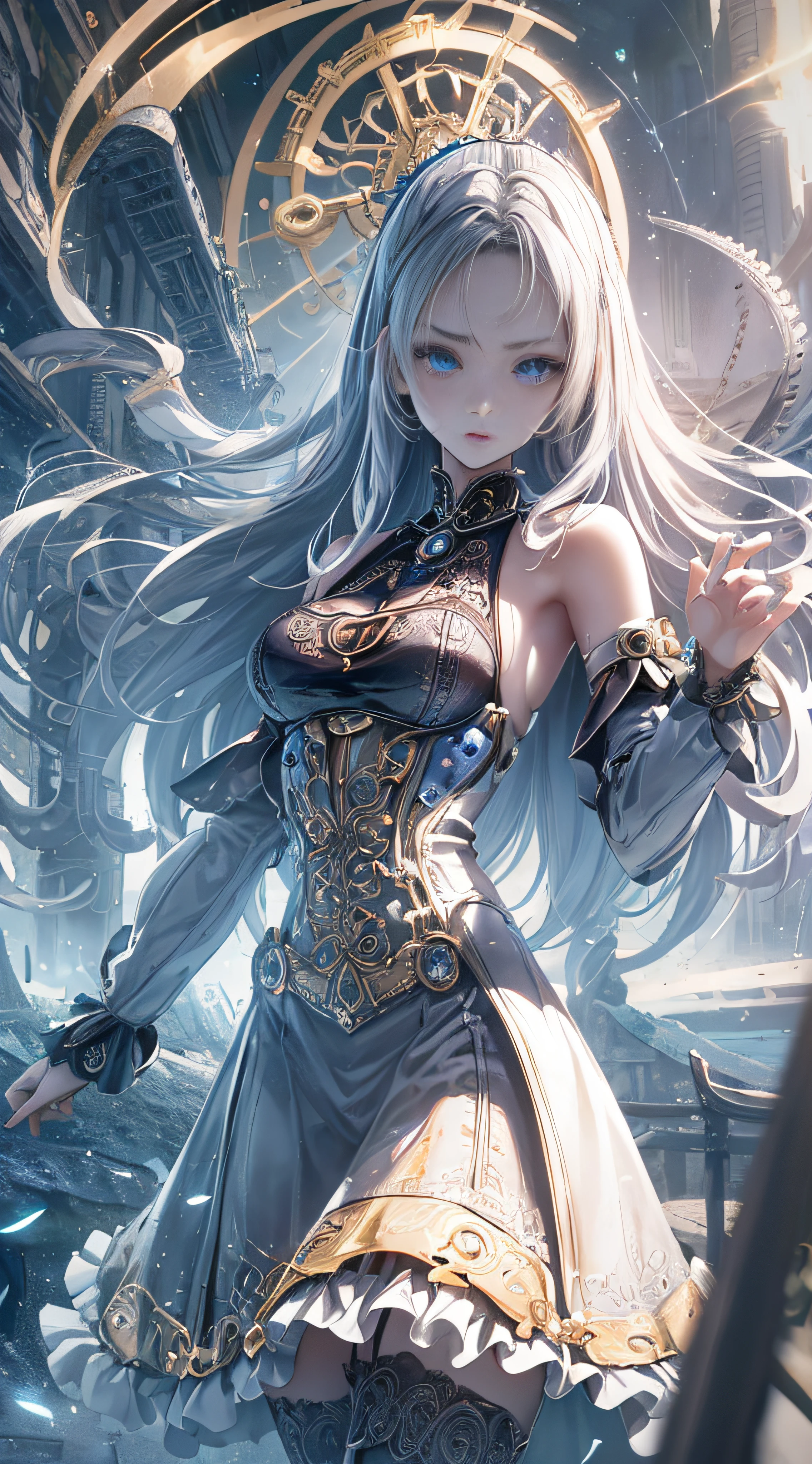 Wizard girl.
(((masterpiece, best quality, raw photo, photorealistic, depth of field, ultra detailed, detailed face, very precise eyes ))), Dynamic Action Pose, Invoke Magic, Mechanical Magic Weapons, very slender long legs, lace stockings on the knee, steampunk headgear, fluttering lace flared mini skirt, off-shoulder fashion with a fusion of detailed and intricate steampunk and detailed gothic ta, upward and beautiful small breasts, Clean long silver hair, long vertical curly hair, wind driven, futuristic complex steampunk factory background, infinite dark universe, flying celestial bodies, countless celestial neon lights raining down from the heavens, cinematic lighting decoration