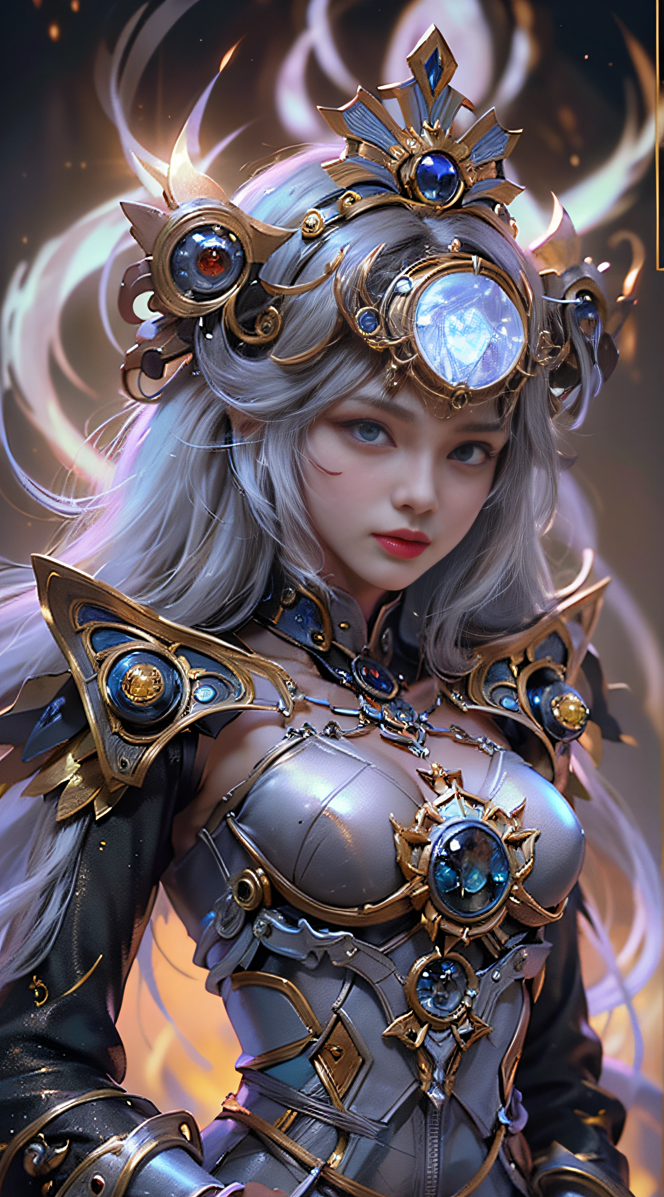 (((Masterpiece, top quality, super detailed))), (((One endless mage girl, 14 years old, radiating magic))), (((complex mechanical headgear, complex mechanical steampunk fashion and overdecorated gothic fashion and neon glitter cyberpunk fashion fusion of))), bust-up photos, ((((very detailed face))), (((very sharp focused eyes))), very large slit dark gray eyes that shine like jewels. Very long eyelashes, long dark hair in vertical curls, thick bangs, perfect princess cut, very gorgeous tiara, (((perfectly accurate human anatomy))), long neck, narrow shoulders, long slender arms, small breasts, very narrow waist, very small buttocks, long slender legs, (((overall accuracy has been dramatically improved, creating super detailed, realistic and realistic images)))), (((magic, magic spell light, magic weapon))), dynamic poses, cinematic lighting,