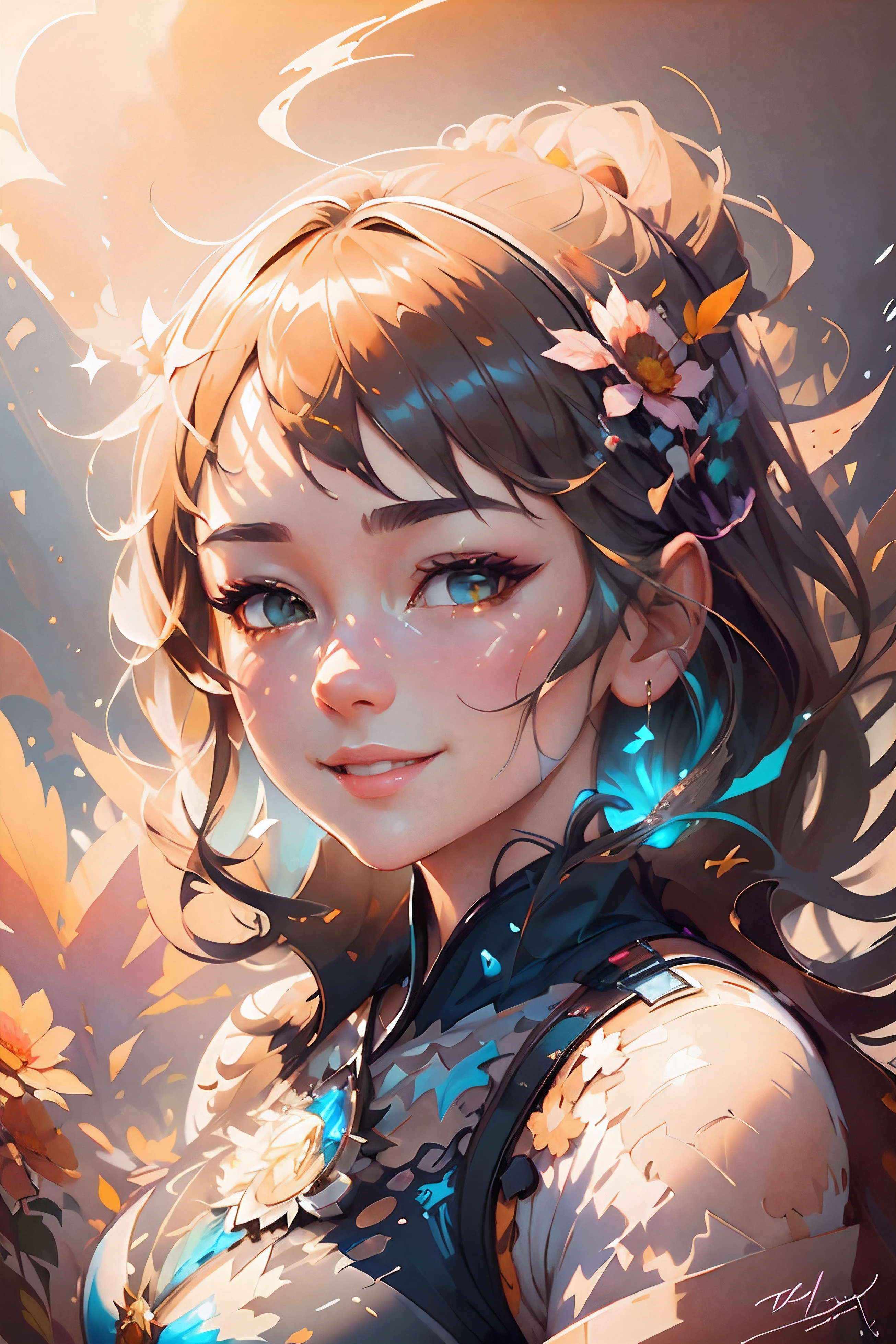 a potrait of a woman with a smile on her face, stanley artgerm lau, realistically shaded, photoreal, the girl and the sun, a beautiful -aged girl, clean image, pastel artwork, highly detailed, smoky background,superior high quality