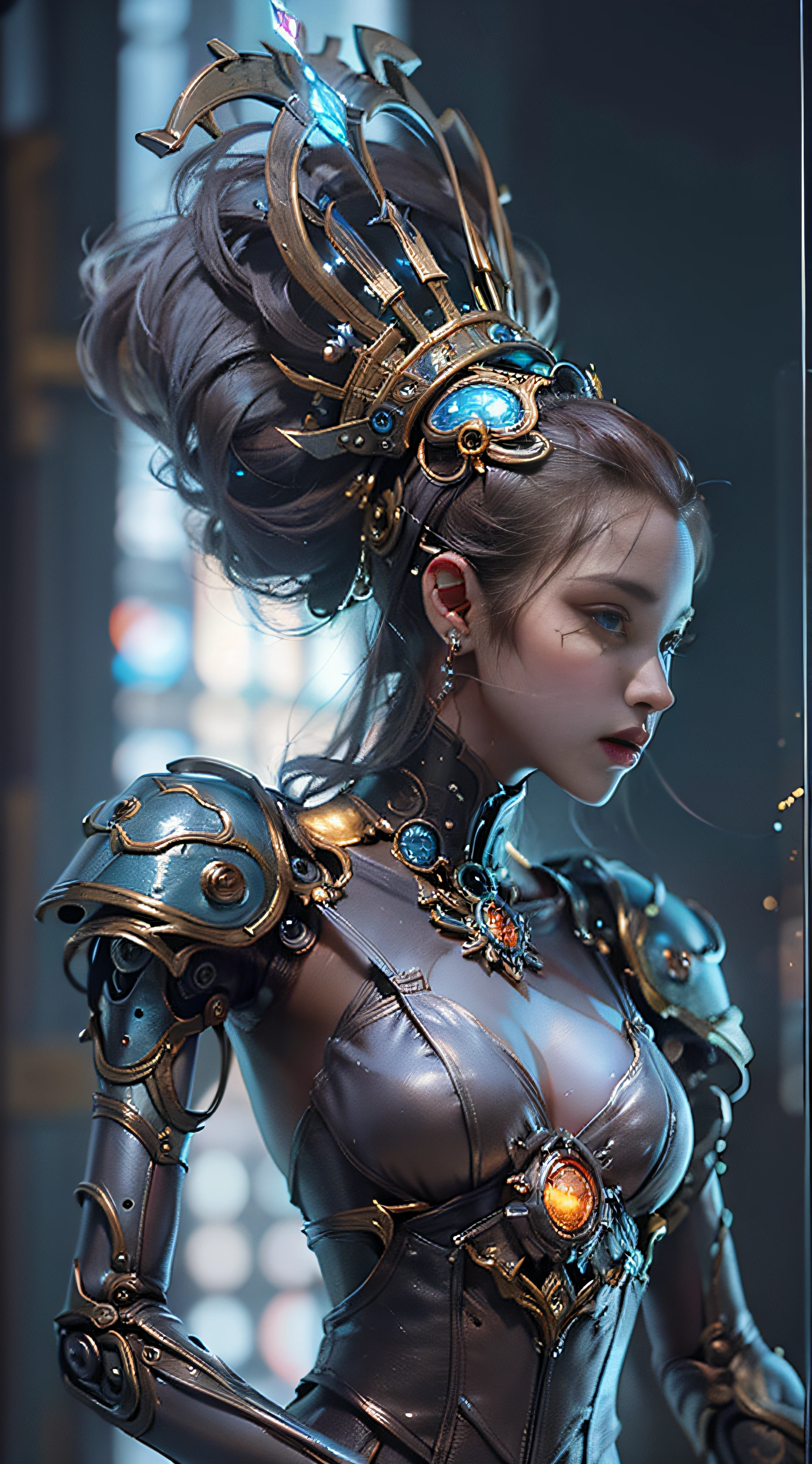 (((Masterpiece, top quality, super detailed))), (((One endless mage girl, , radiating magic))), (((complex mechanical headgear, complex mechanical steampunk fashion and overdecorated gothic fashion and neon glitter cyberpunk fashion fusion of))), bust-up photos, ((((very detailed face))), (((very sharp focused eyes))), very large slit dark gray eyes that shine like jewels. Very long eyelashes, long dark hair in vertical curls, thick bangs, perfect princess cut, very gorgeous tiara, (((perfectly accurate human anatomy))), long neck, narrow shoulders, long slender arms, small breasts, very narrow waist, very small buttocks, long slender legs, (((overall accuracy has been dramatically improved, creating super detailed, realistic and realistic images)))), (((magic, magic spell light, magic weapon))), dynamic poses, cinematic lighting,