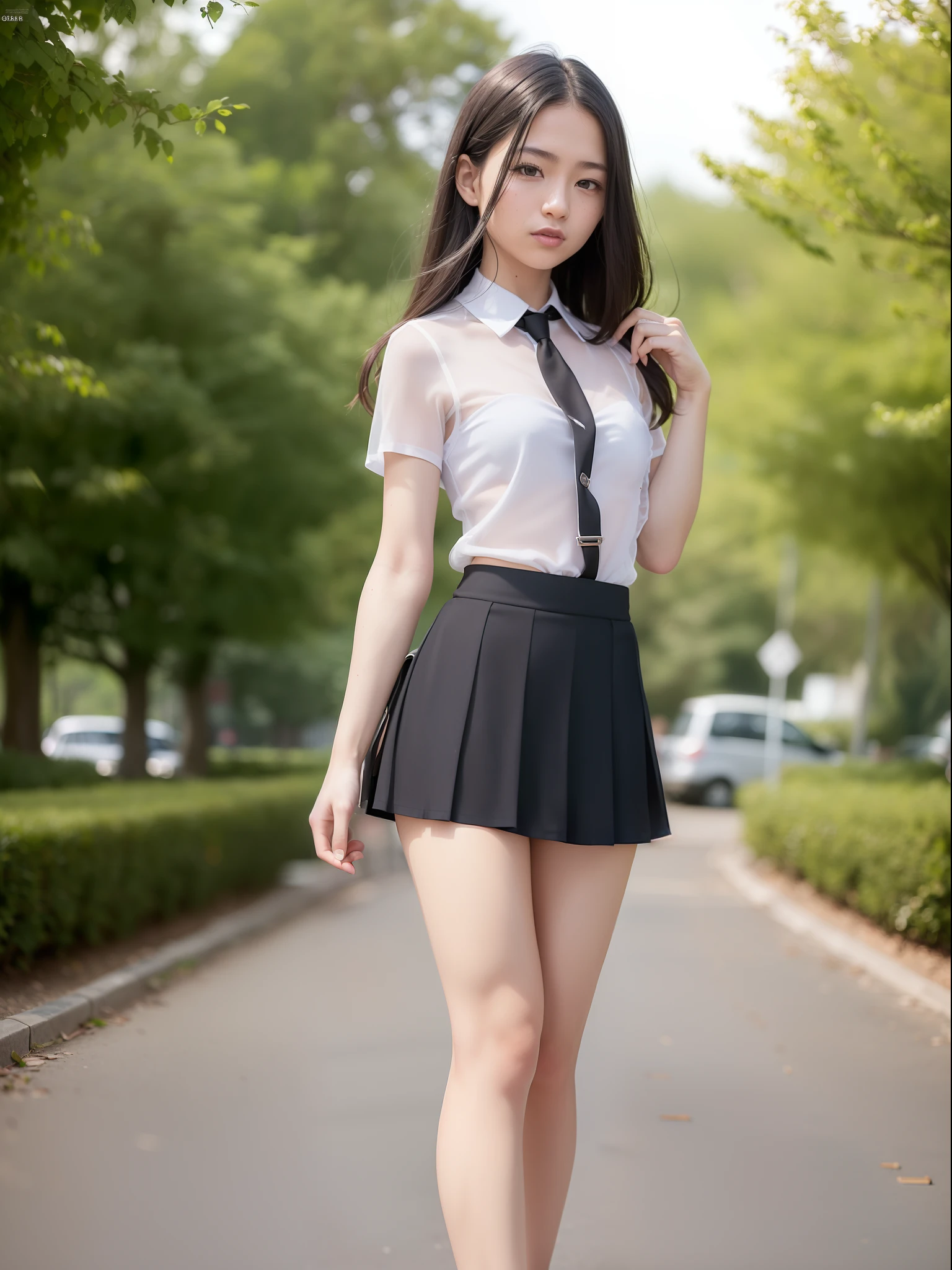 18 Year Old Woman, Long hair, Raw photo, Bokeh (Realism: 1.4, Realistic), high-definition CG unified 8K wallpapers, 1girl in, ((Slim body: 1)), (Small breasts: 1), Back to viewers, ((Direct view from the front)), (HQ Skin: 1.4), 8K UHD, Digital SLR, Soft light, High quality, Film grain, FujifilmXT3, ((School uniform, Short skirt,See-through open skirt:1.5)), ((plein air, on the park))) jangjoo, Portrait,((Layered short haircuts, Black Hire,tiny chest:1.2)),(Looking at Viewer:1.4),(Full body:1.8),Detailed face,undergarment,crouching down,Bend over,see-through skirts,The bikini,