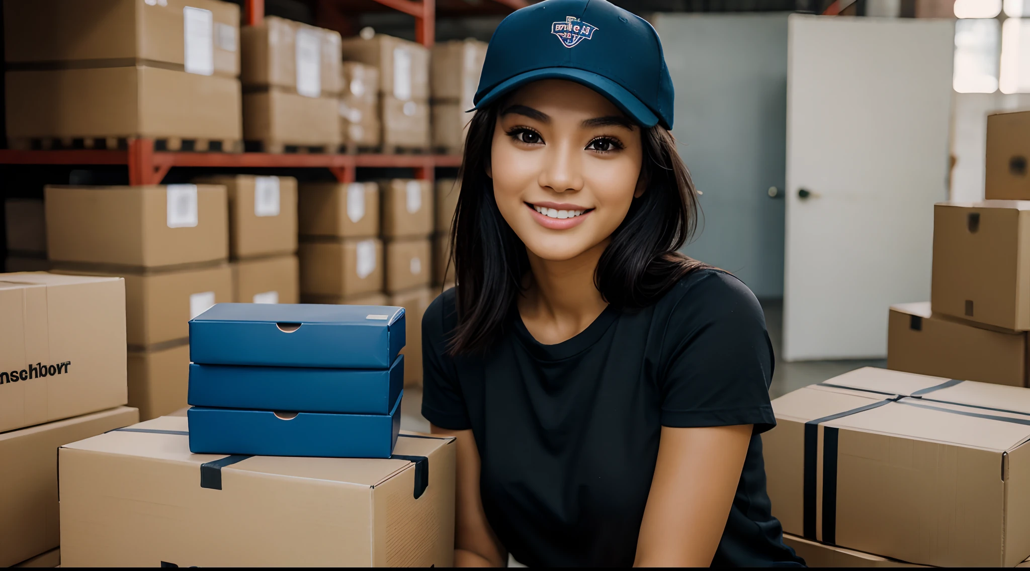 RAW Photo, DSLR BREAK (kkw-ph1:0.9) BREAK half body portrait of ung 20yo woman holding brown boxes, black hair, wearing plain blue t shirt, plain blue trucker cap, perfect eyes, perfect lips, perfect nose, professional color graded, wonderful woman, ecommerce background, warehouse background, cute woman, medium tits , smiling, filipina, pinay, filipino woman, rule of thirds shot